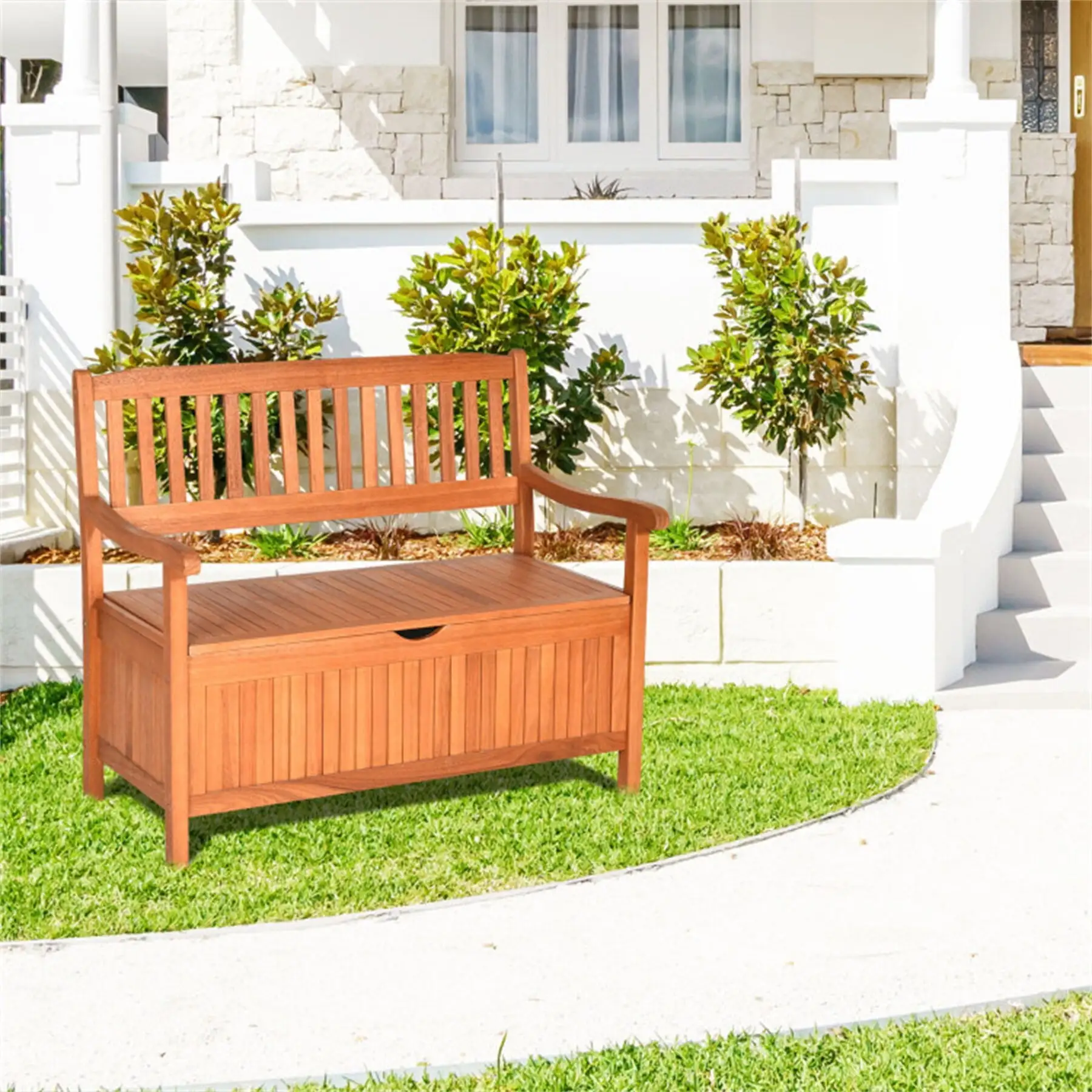 BESTCOSTY 33 Gallon Wooden Storage Bench with Liner for Patio Garden Porch