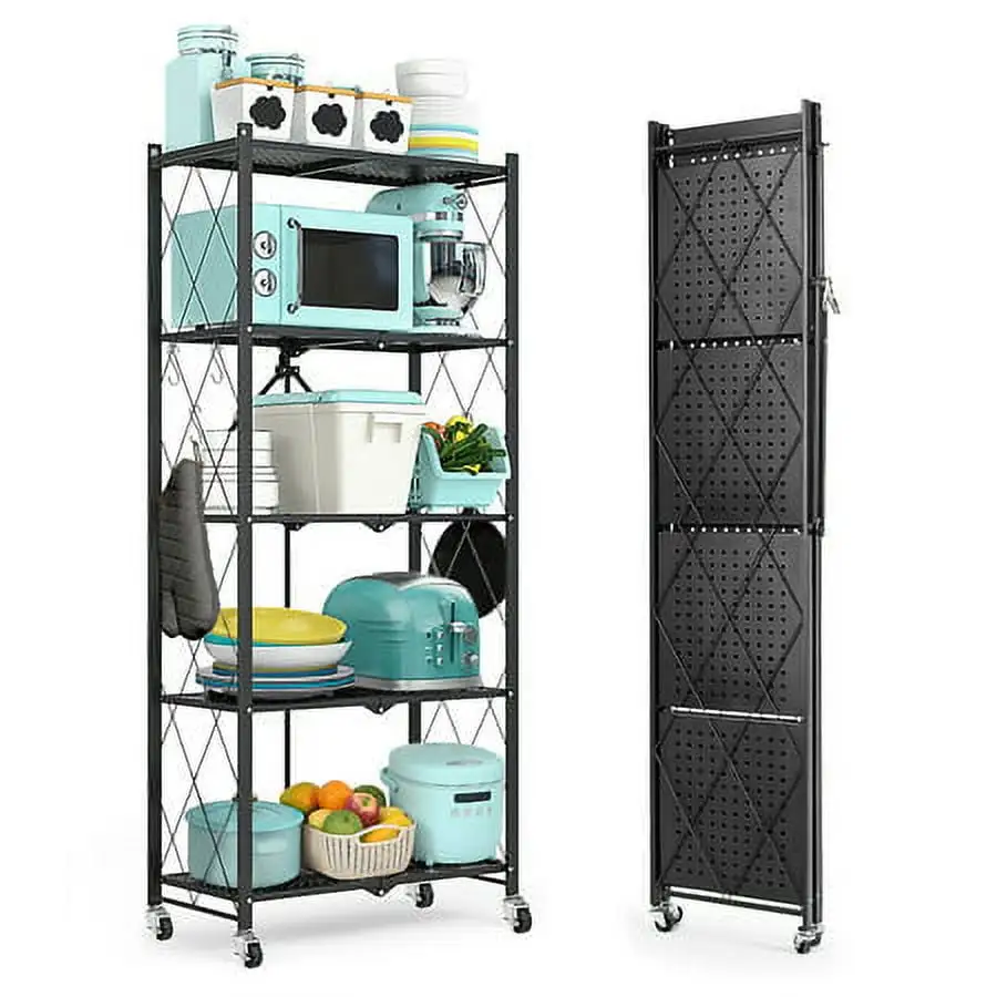 BISHE Storage Shelving Unit.5 Tier Foldable Storage Shelf with Wheels.Garage Shelf for Storage.No Assemble Required.Moving Metal Shelf with 4 Hooks