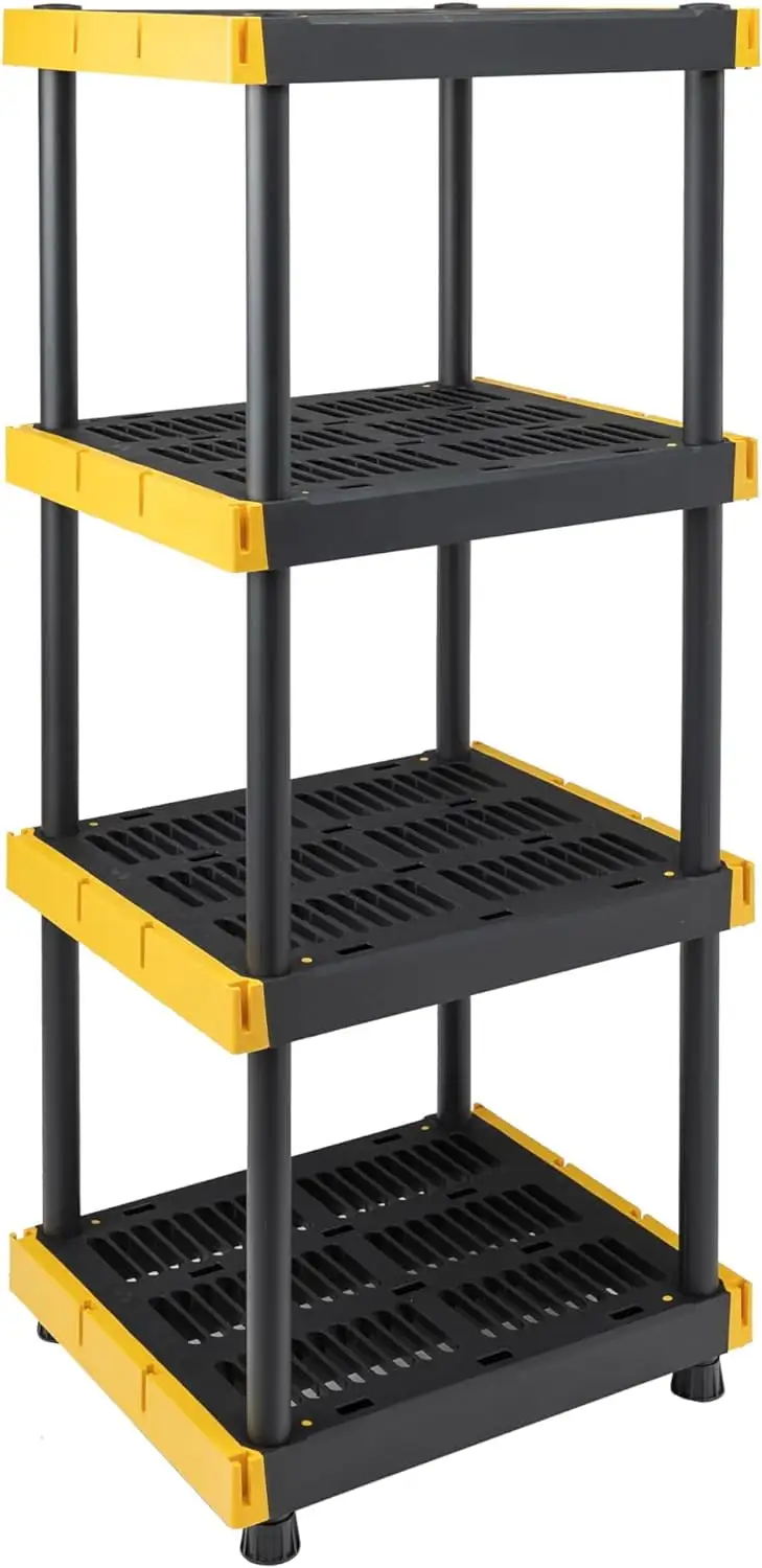 BLACK & YELLOW 4-Tier Heavy Duty Plastic Storage Shelving Unit. 100lbs/shelf (55H x 24W x 20D). for Indoor/Outdoor Organization. Modular Rack. Extremely Durable . Made in The USA