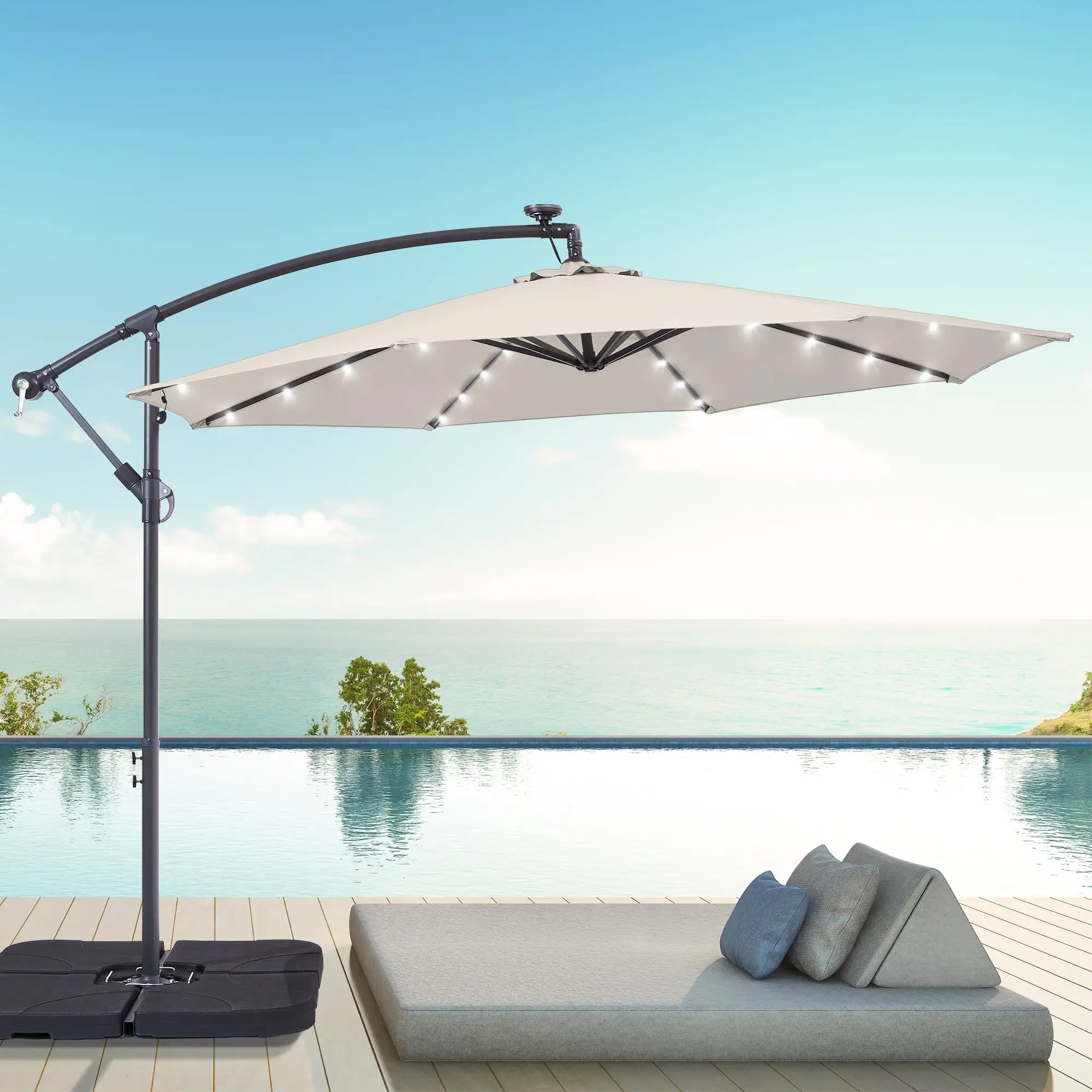 BONOSUKI 10ft Patio offset Umbrella Hanging Umbrella With LED Lights Beige