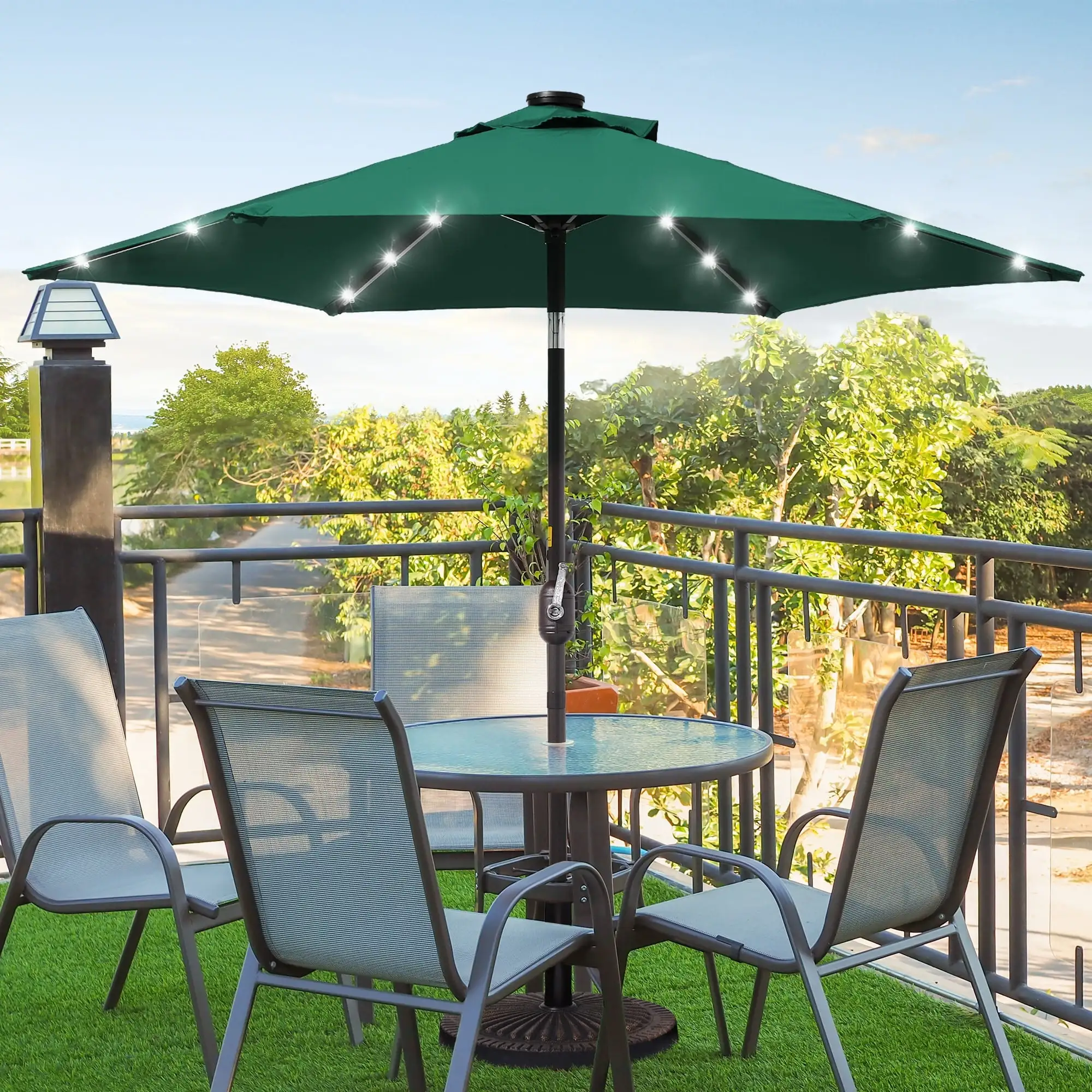 BONOSUKI 7.5ft LED Patio Umbrella Table Umbrellas.with Tilt and Crank Hunter Green