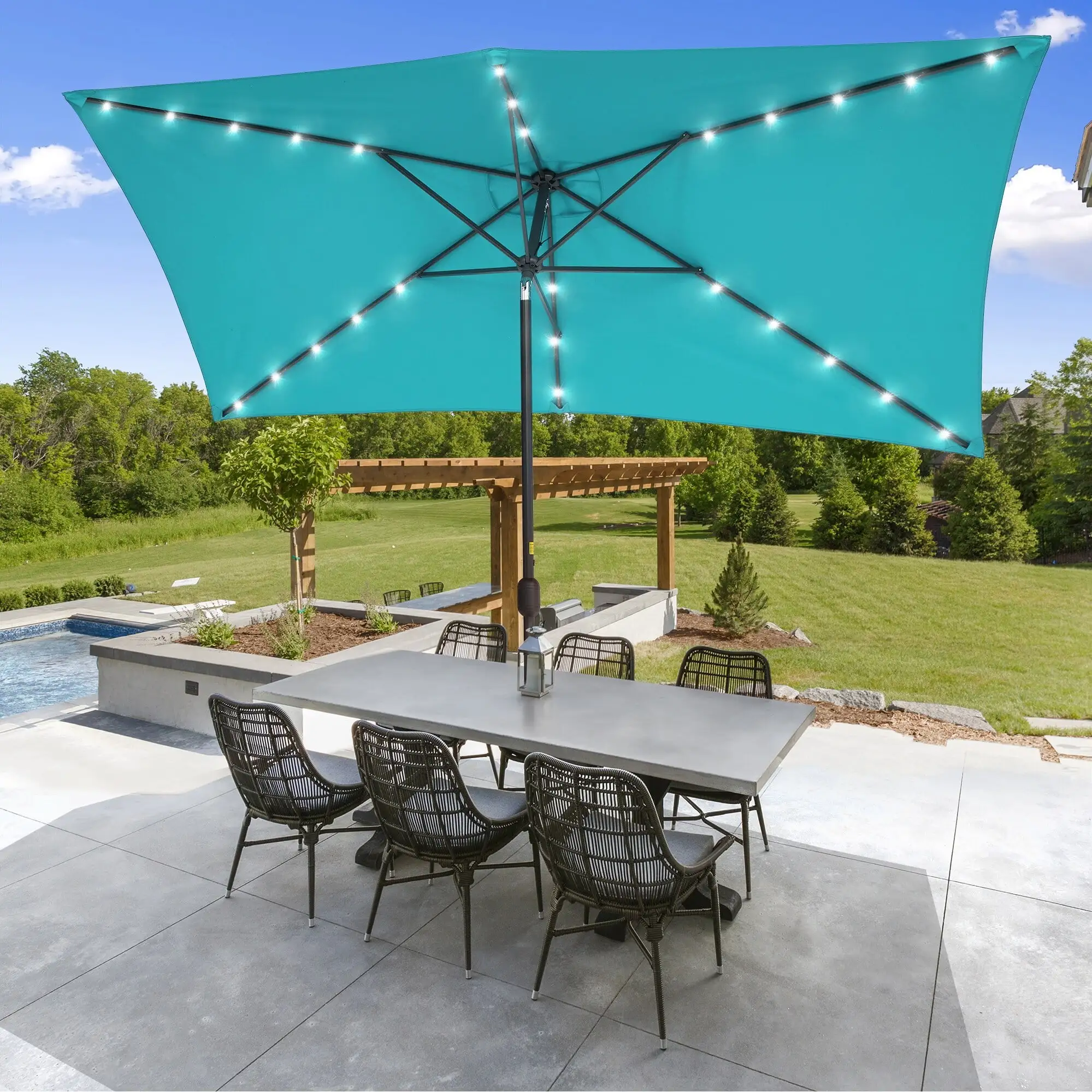 BONOSUKI Outdoor 10 x 6.5ft LED Umbrella Patio Market Table Umbrella Lake Blue