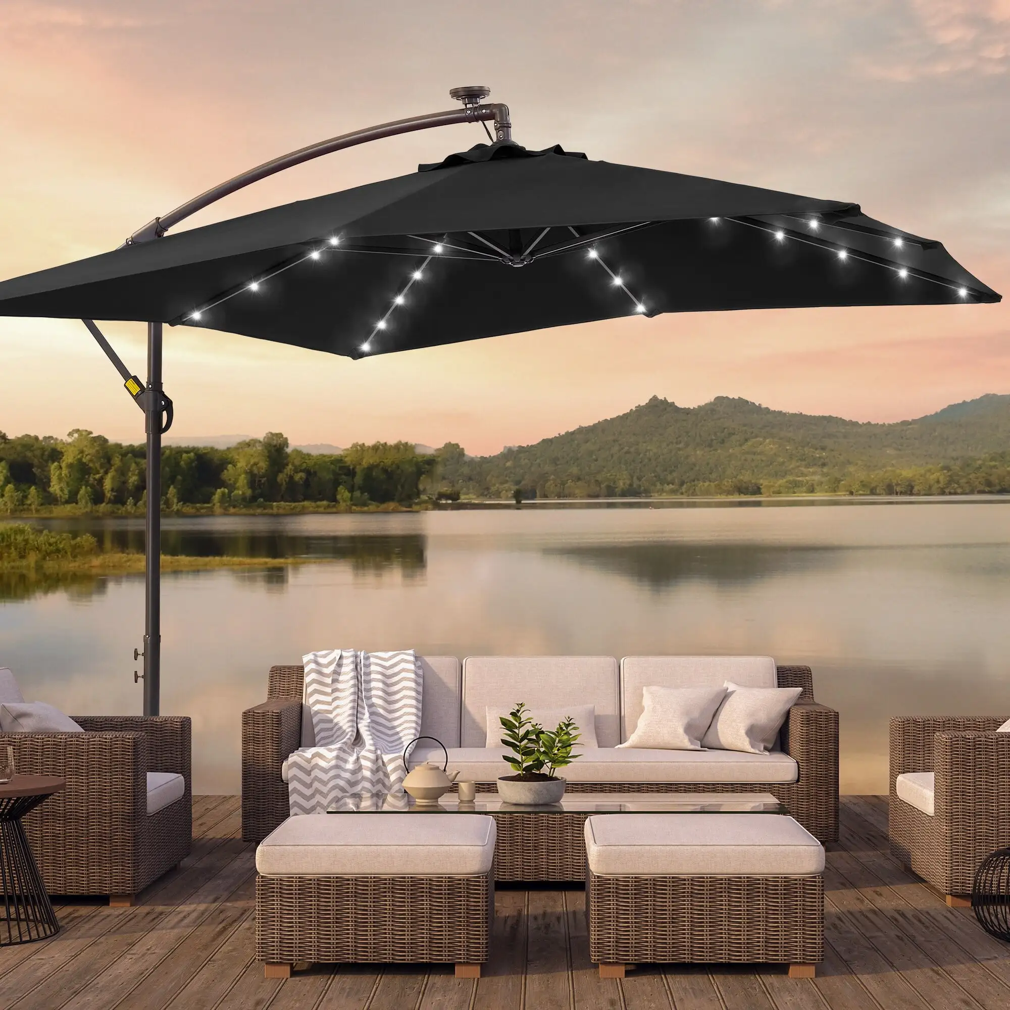 BONOSUKI Patio 8.2Ft LED Offset Umbrella.8 Steel Ribs w/Cross Base Black