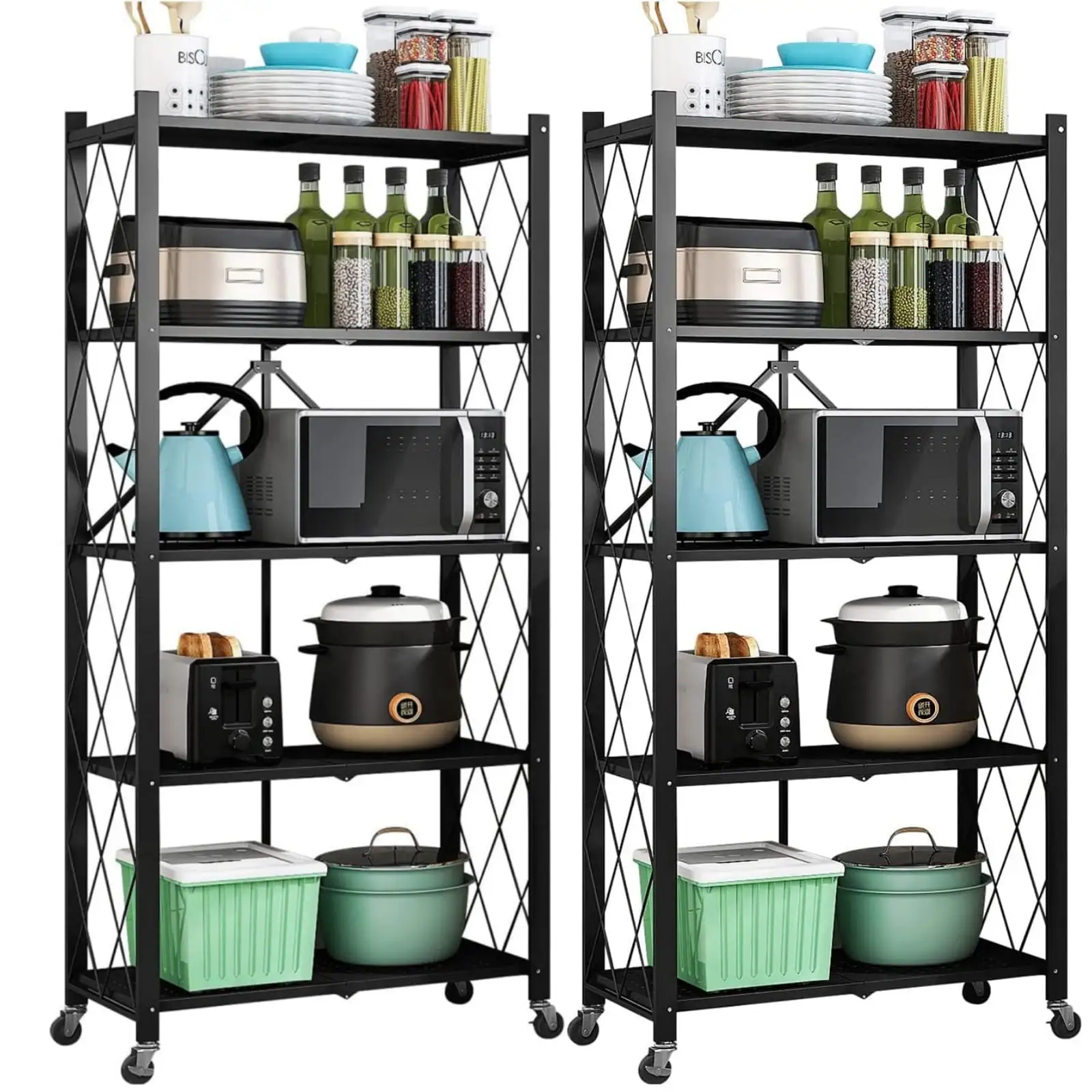 Baokaler 2 Pack 5-Tier Foldable Storage Shelf-Metal Collapsible Shelving Unit Display with Wheels. Rolling Cart for Books Kitchen Storage Shelves. Office Room Decor Black