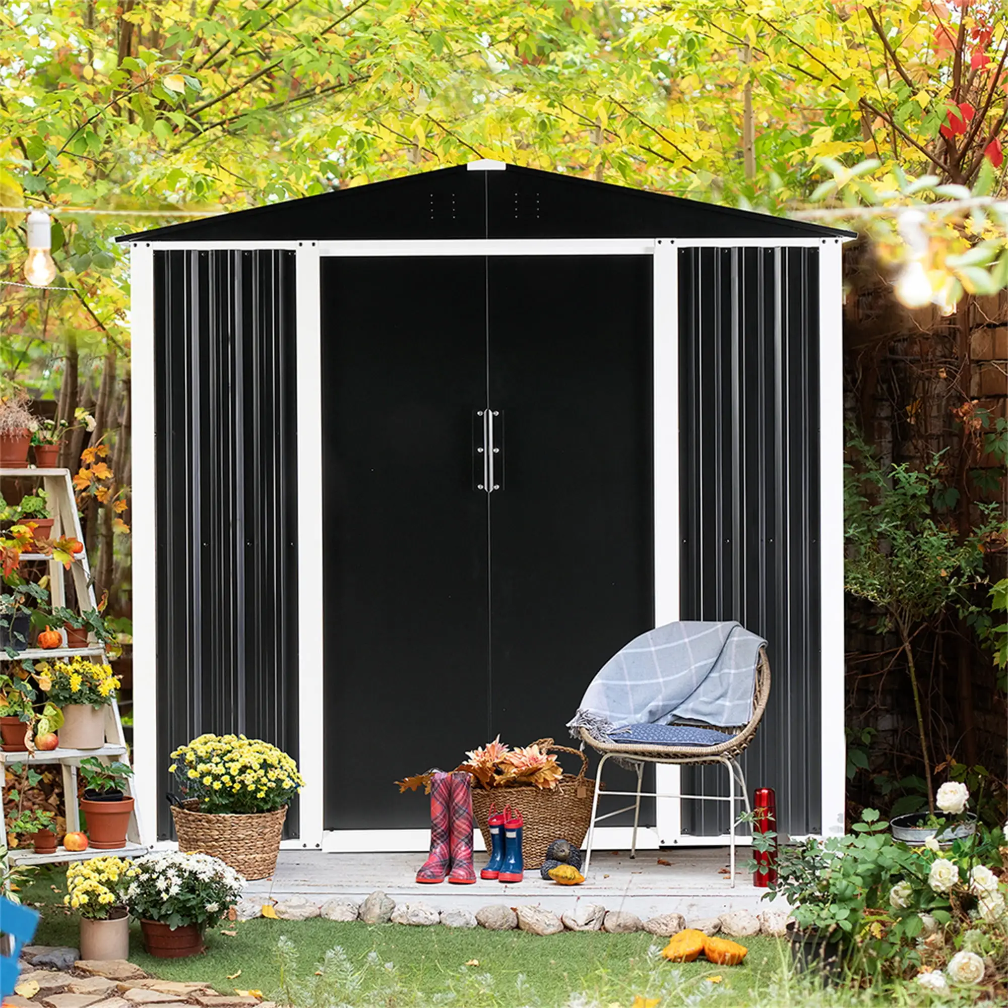 Barara King 6 x 4 FT Outdoor Storage Shed. Metal Garden Storage House with Double Sliding Doors for Backyard Outdoor Patio. Black