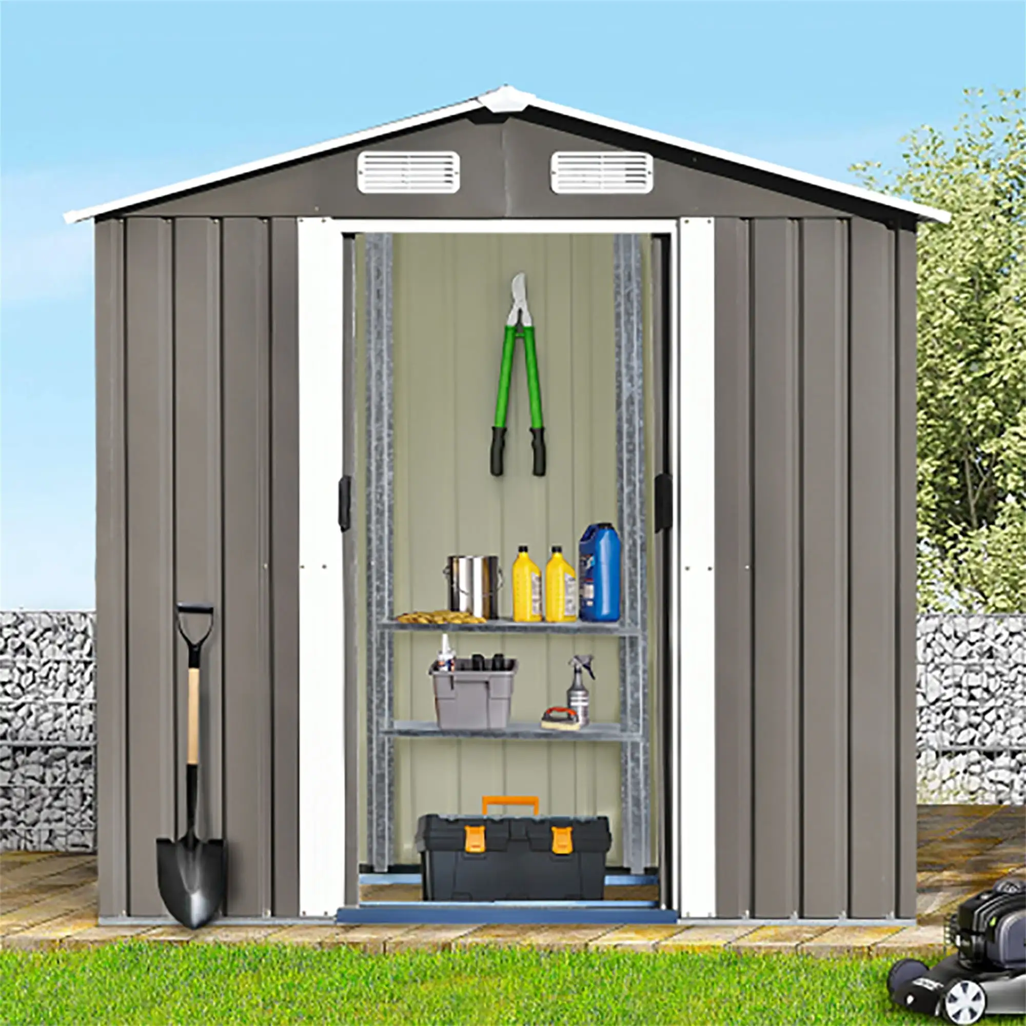 Barara King Outdoor Storage Shed. Bike Shed Garden Shed. Metal Storage Shed. Tool Cabinet with Vents and Base. Great for Storing Patio Furniture. Garden Tools. Gray