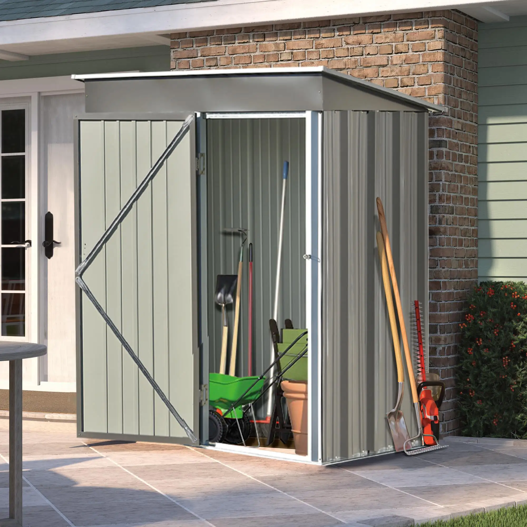 BaytoCare Patio 5ft Wx3ft. L Garden Shed. Metal Lean-to Storage Shed with Lockable Door. Tool Cabinet for Backyard. Lawn. Garden. Gray