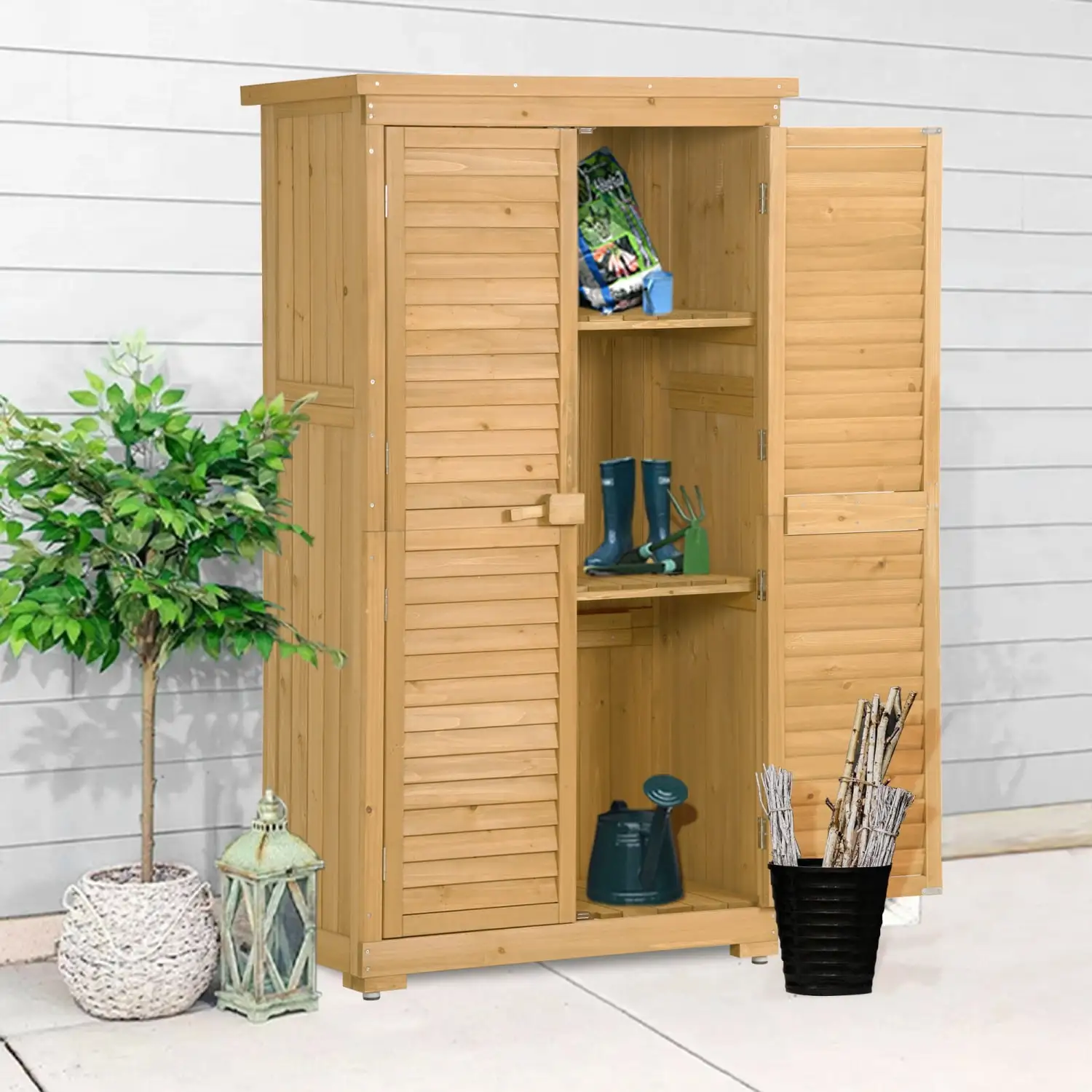 Beautiful Natural Wood Color Sturdy Topmax Wooden Garden Shed with Shutter Design: High-quality Fir Wood Lockers for Maximum Durability and Style 3-tier Patio Storage Cabinet for Outdoor