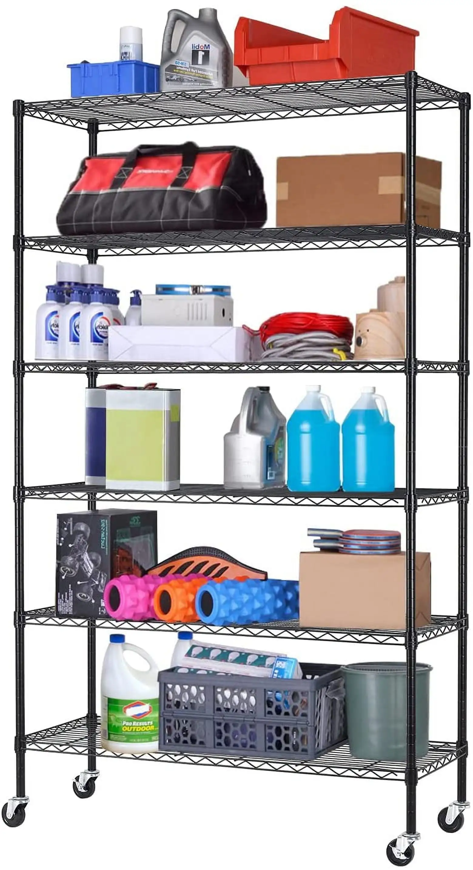 BestOffice 18x48x82 inch 6 Tier Wire Shelving Unit with Wheels Steel Adjustable Utility 2100 LBS Capacity.Black