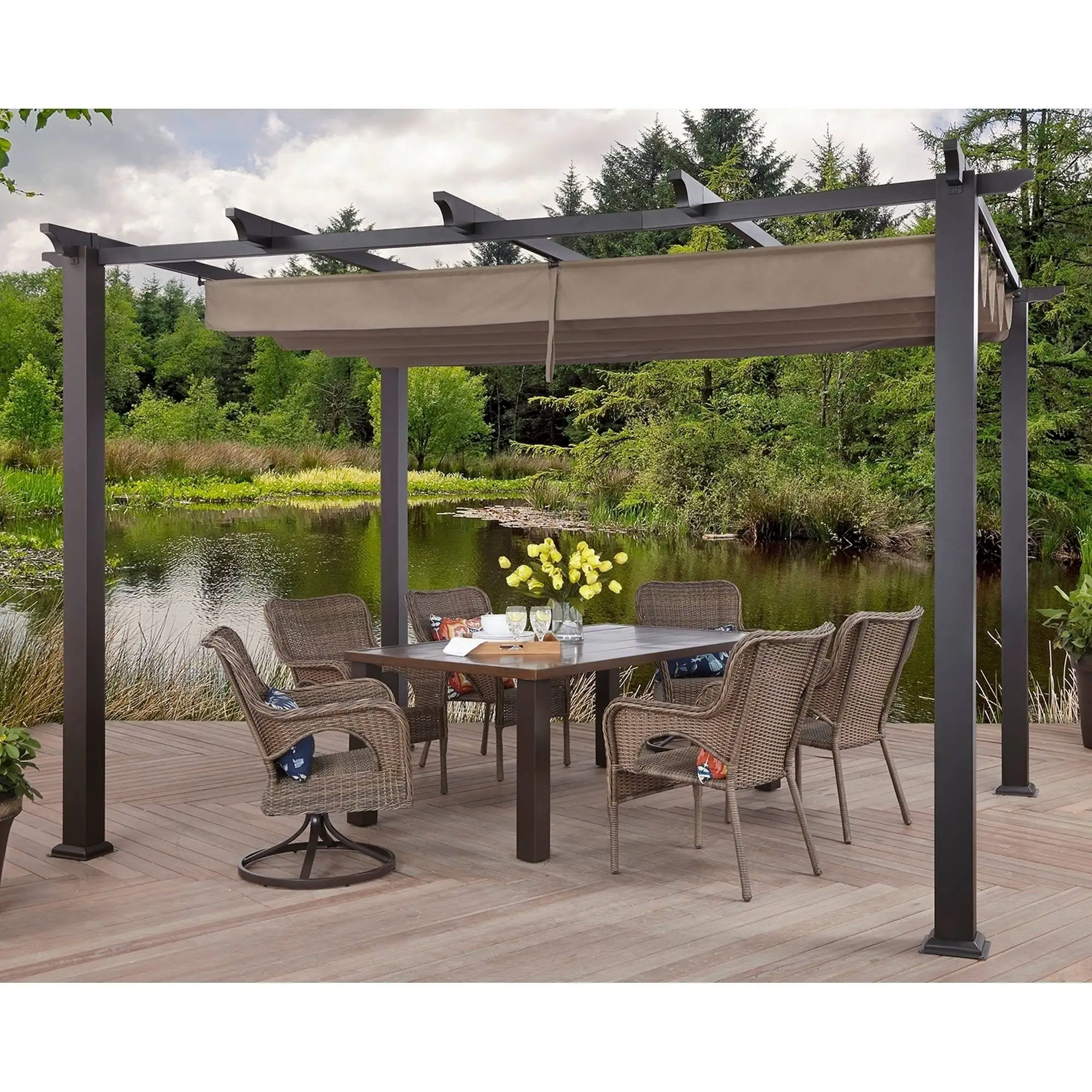 Better Homes & Gardens Meritmoor 9.5'L x 11.8'W x 7.7'H Steel Pergola with Canopy. Black/Brown