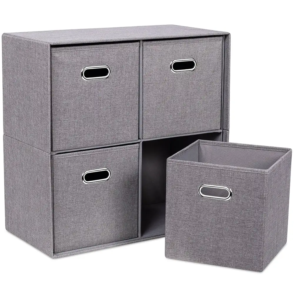 BirdRock Home Linen Cube Organizer Shelf with Four Storage Bins - Grey