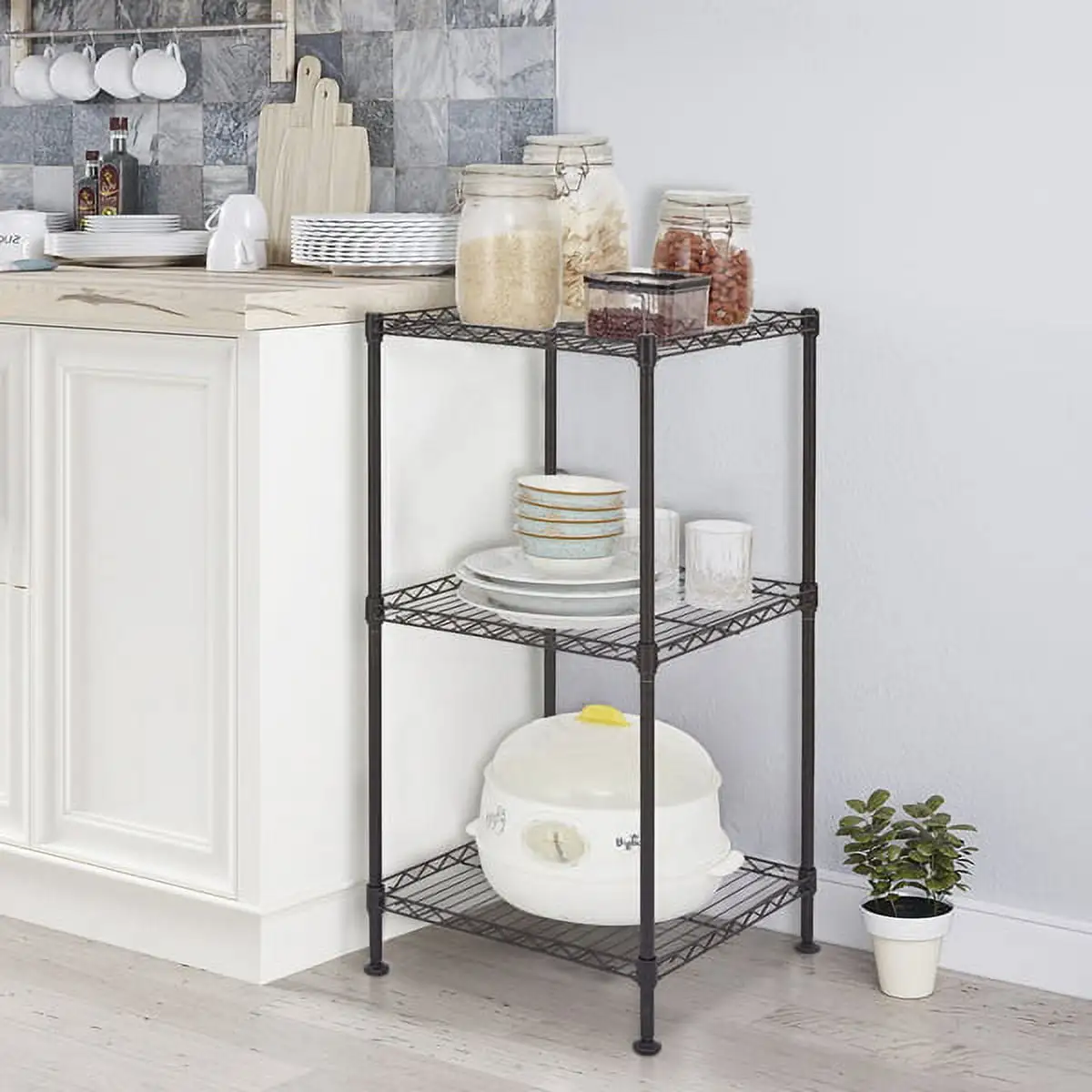 Black 3-Tier Black Wire Shelving Tower