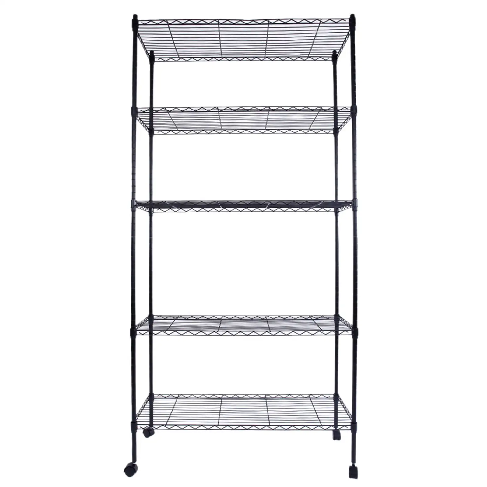 Black 5-Tier Mobile Shelving Unit with Plastic Coated Iron Frames and Durable Nylon Wheels