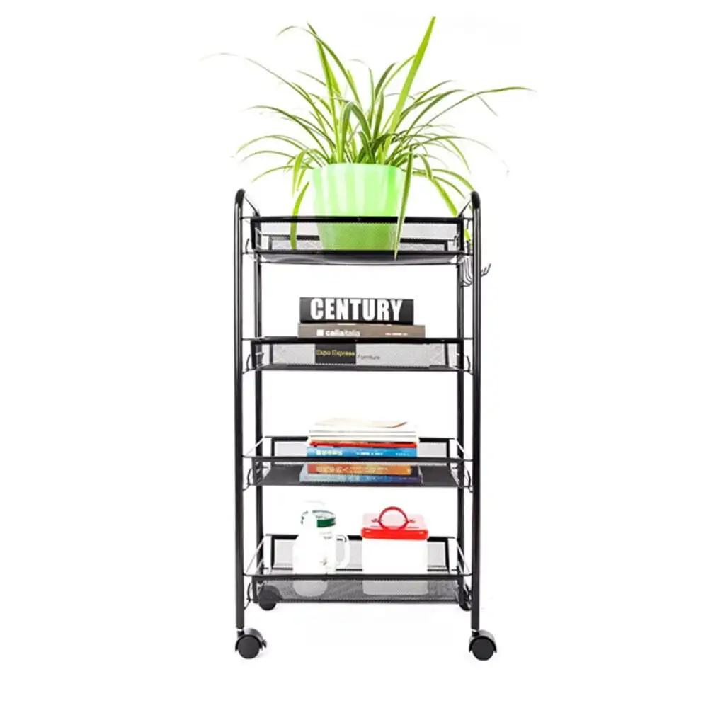 Black Metal Rolling Storage Shelving Rack with 4 Tiers for Kitchen - Wire Shelf Organizer