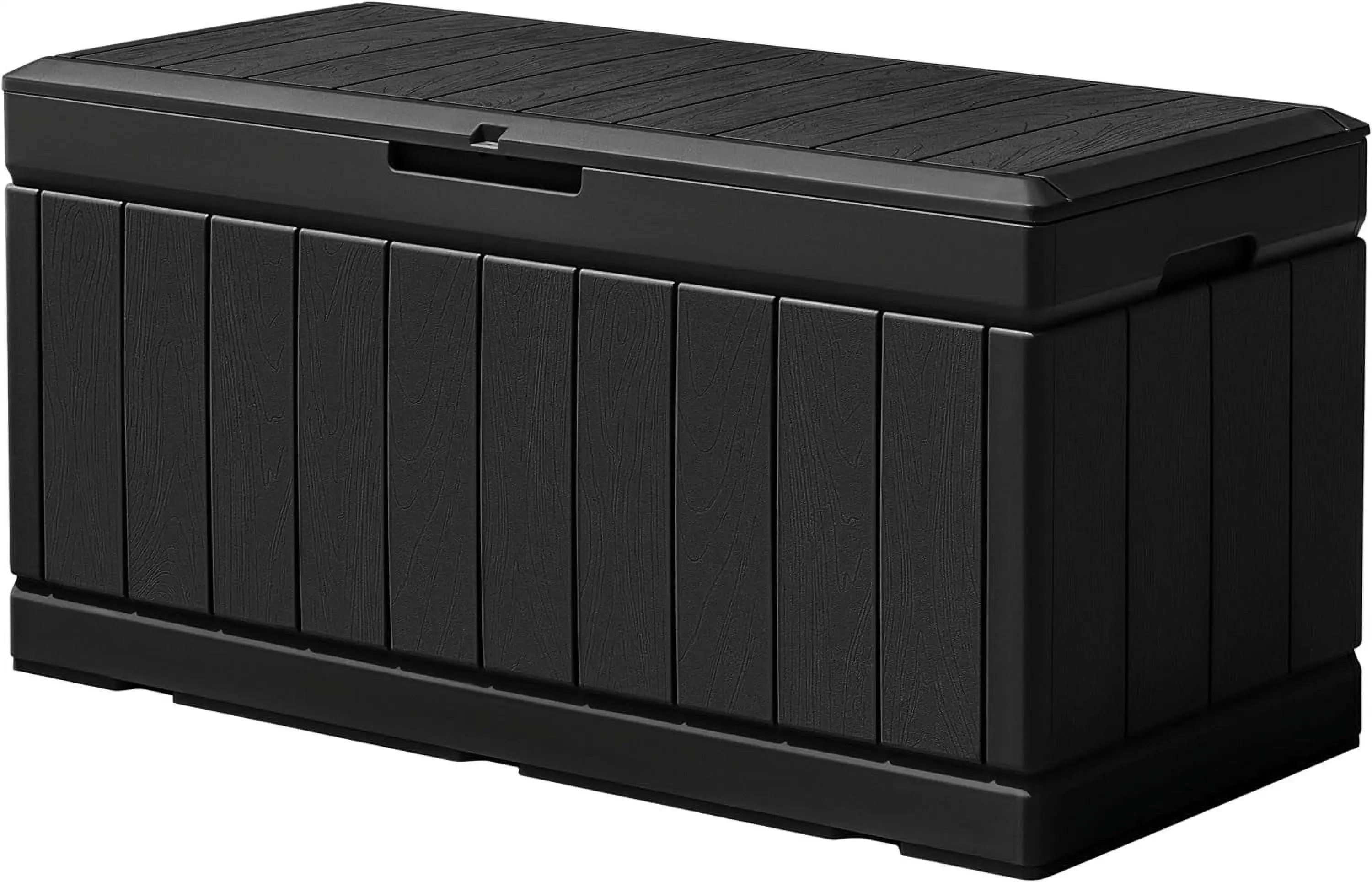 Black Outdoor Storage Box 85 Gallon Resin Waterproof Deck Box with Wood Texture Large Storage Bin for Patio Cushions. Toys. Tools