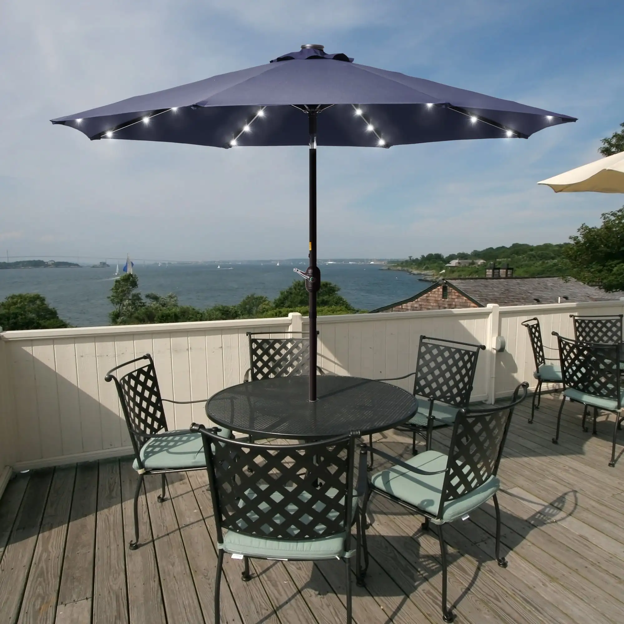 Bonosuki 9ft Patio Solar Umbrella LED Patio Market Steel Tilt w/Crank Navy Blue 8.5 ft