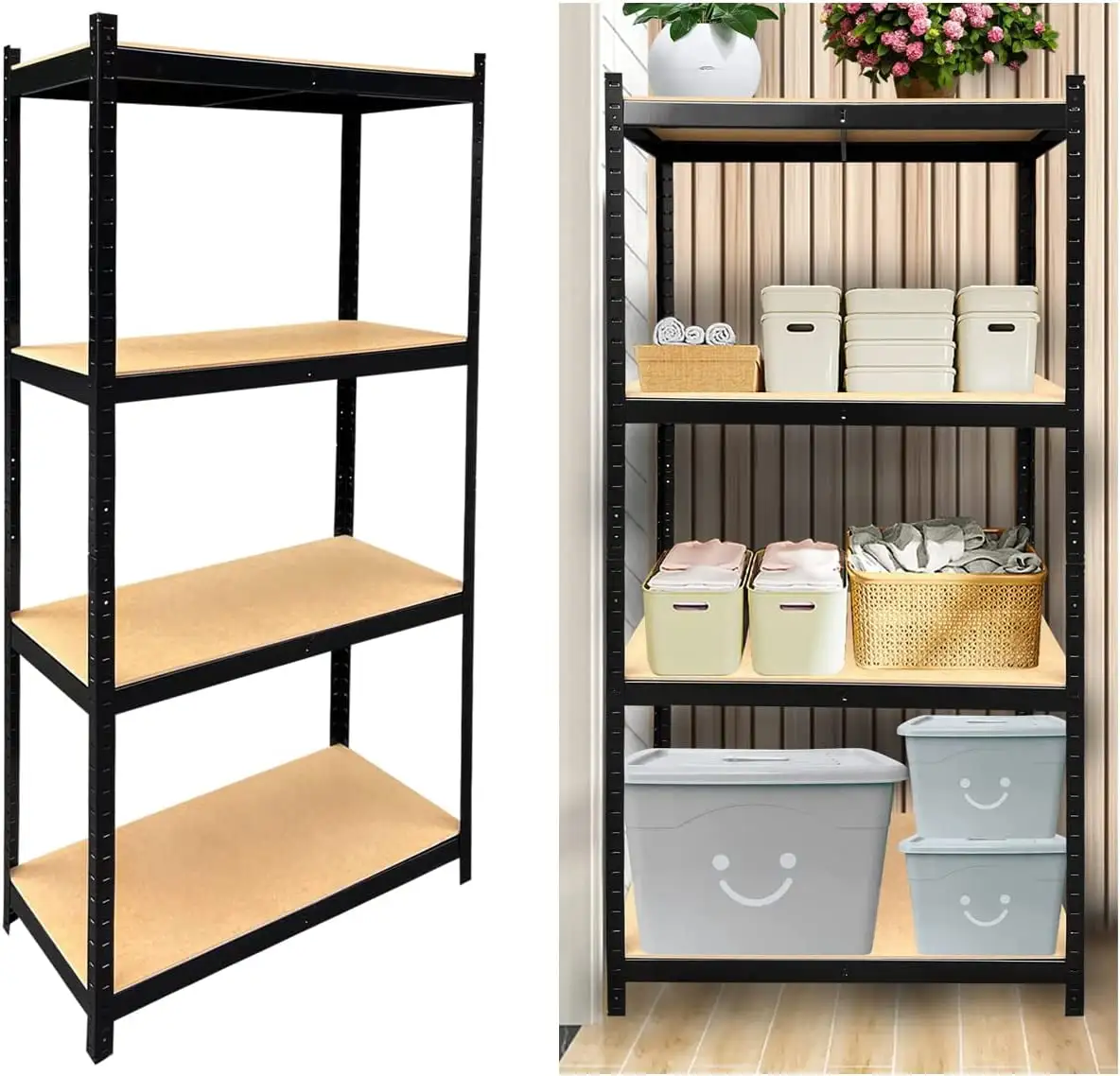 Bowoshen 63Storage Metal Shelving Unit.4-Tier Heavy Duty Adjustable Steel Garage Storage Rack. Bolt-Free Assembly Multi-Use Utility Shelf.Black