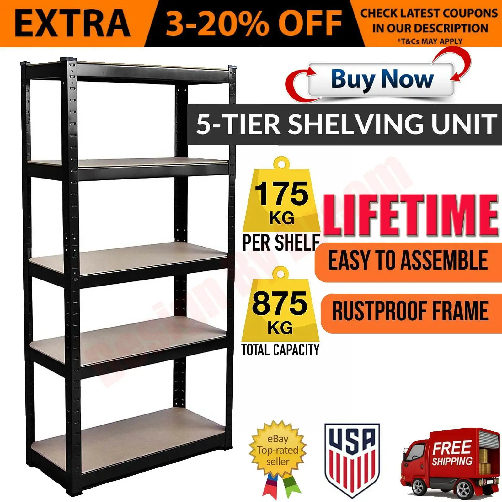 Bowoshen Black Shelving Shelves 5 Tier Unit Steel Metal Rack Extra Lager & Stronger 70 x 35 x 16 Warehouse Racking Shed