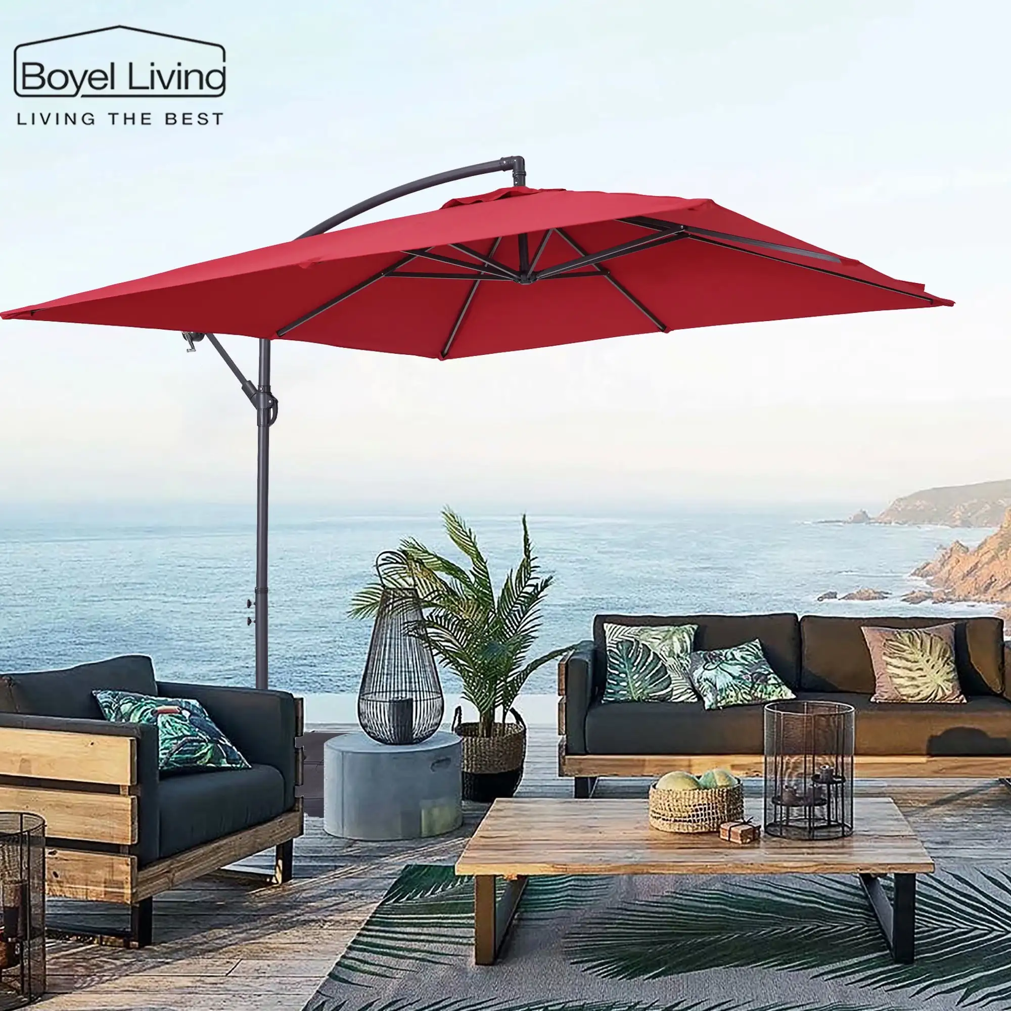 Boyel Living 8.3Ft Square Offset Patio Umbrellas Outdoor Market Umbrellas with Push Button Tilt. with Base(Red)