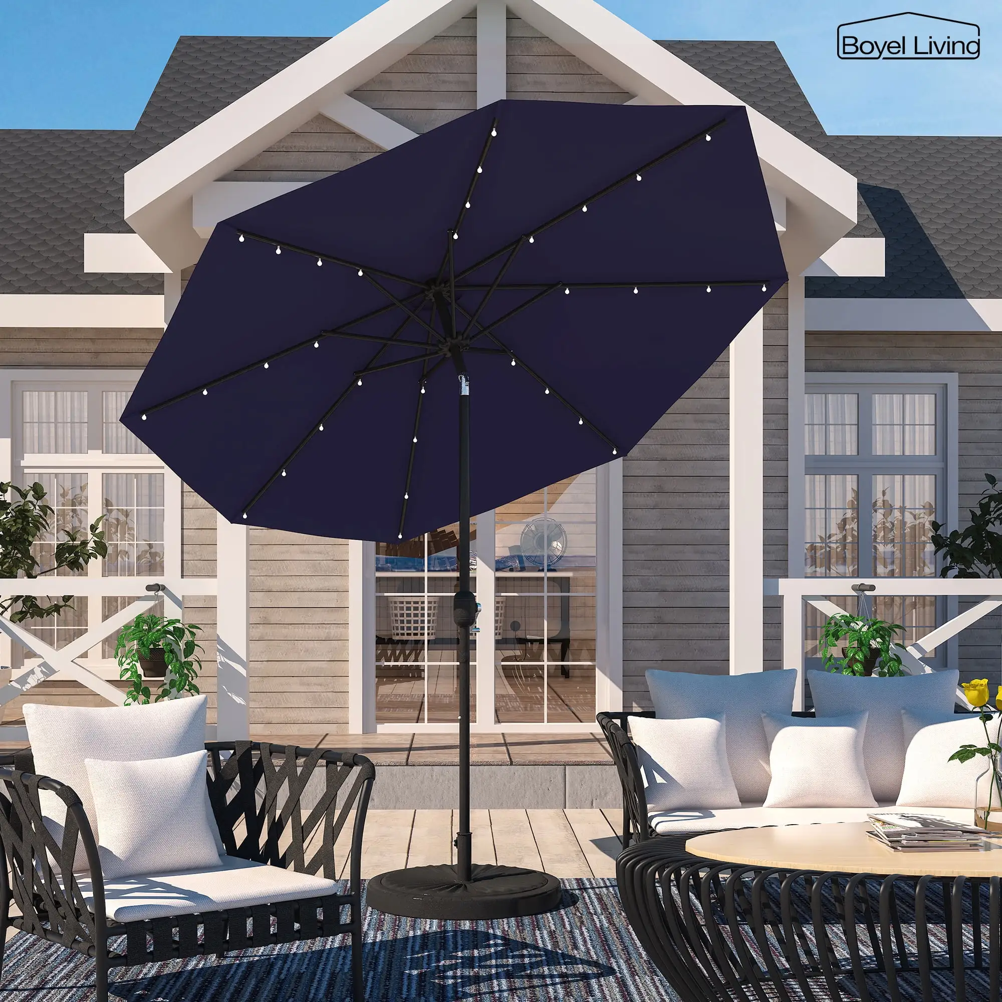 Boyel Living 9ft Patio Umbrella Outdoor Market 32 LED Solar Umbrella with Push Button Tilt and Crank. Navy Blue