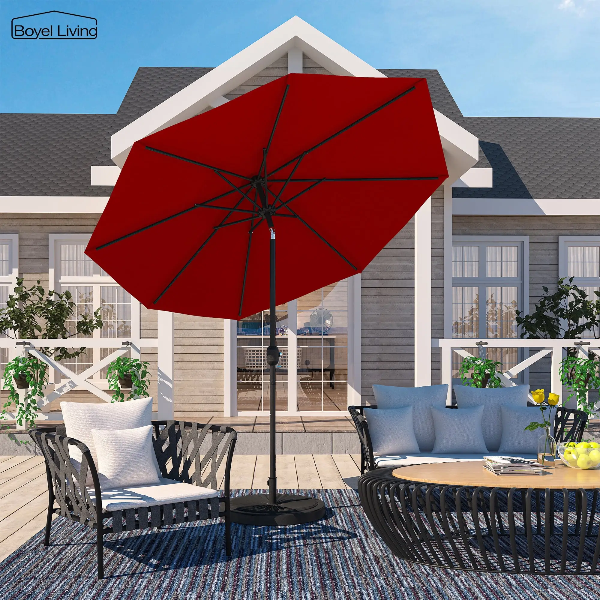 Boyel Living 9ft Red Patio Umbrella. Outdoor Market Table Umbrella with Push Button Tilt and Crank