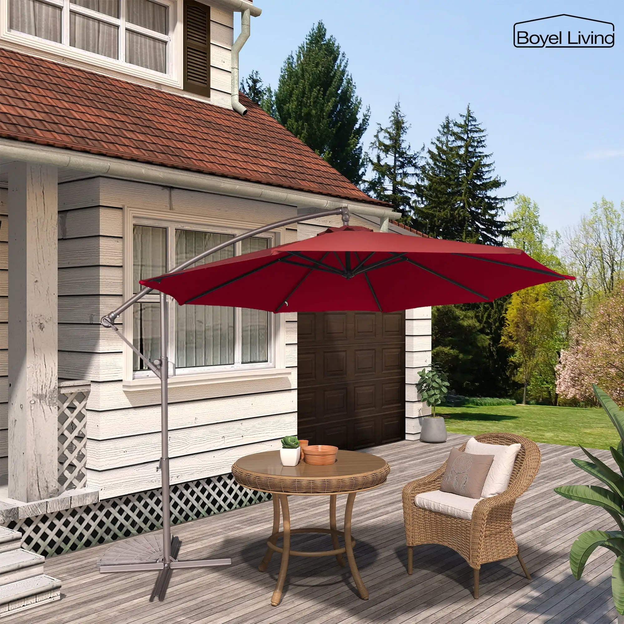 Boyel Living Outdoor Patio Offset Umbrellas. 10FT Offset Patio Umbrella Hanging Cantilever Market Patio Umbrella w/ Crank&Tilt. Red (Without Base)