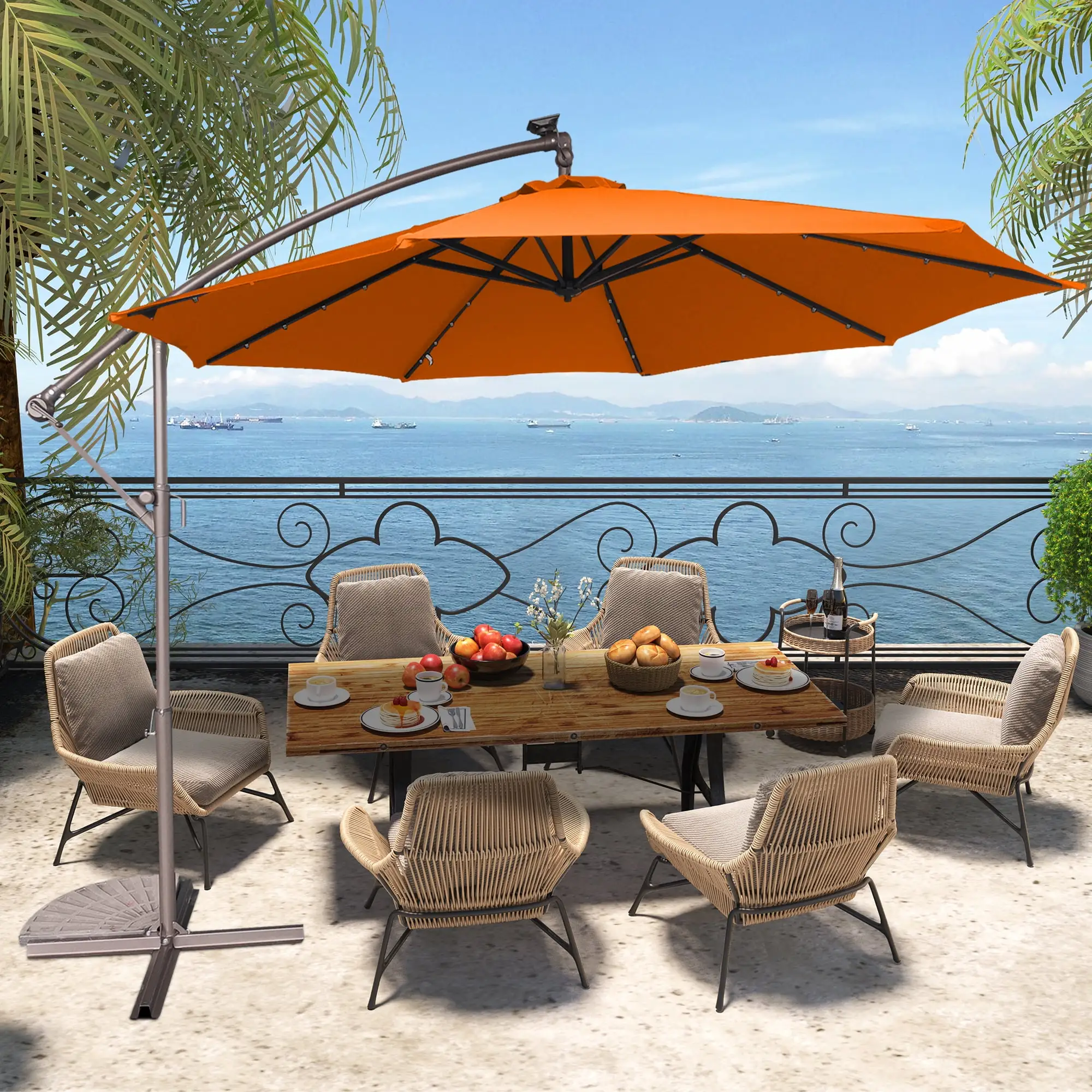 Boyel living 10ft Outdoor Patio Umbrella with 32 Solar LED Lights Powered Crank Cantilever Outdoor Umbrella.Backyard Offset Umbrella for Garden (Orange)