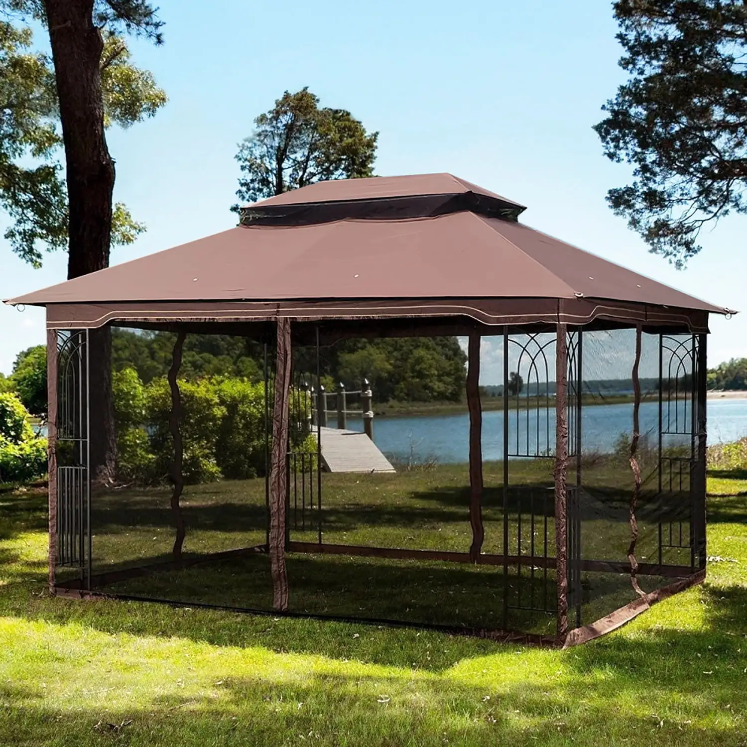 Brown Top 13x10 Outdoor Canopy Gazebo Tent with Ventilated Double Roof Mosquito Net and Detachable Mesh Screen - Perfect for Relaxing in Style on Your Lawn Garden Backyard or Deck