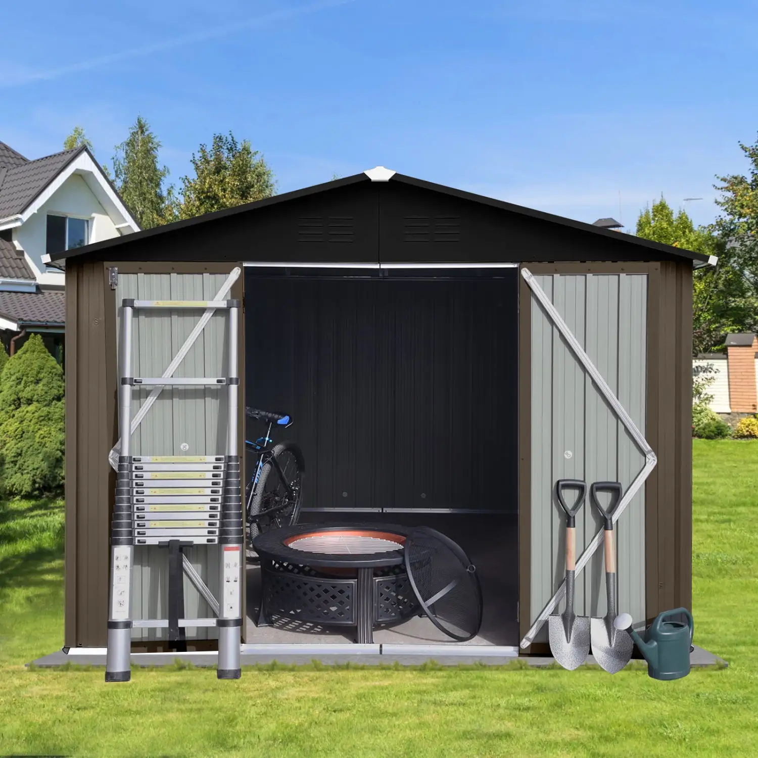 Brown and black spacious and stylish metal outdoor garden storage sheds with 10ft??8ft dimensions.