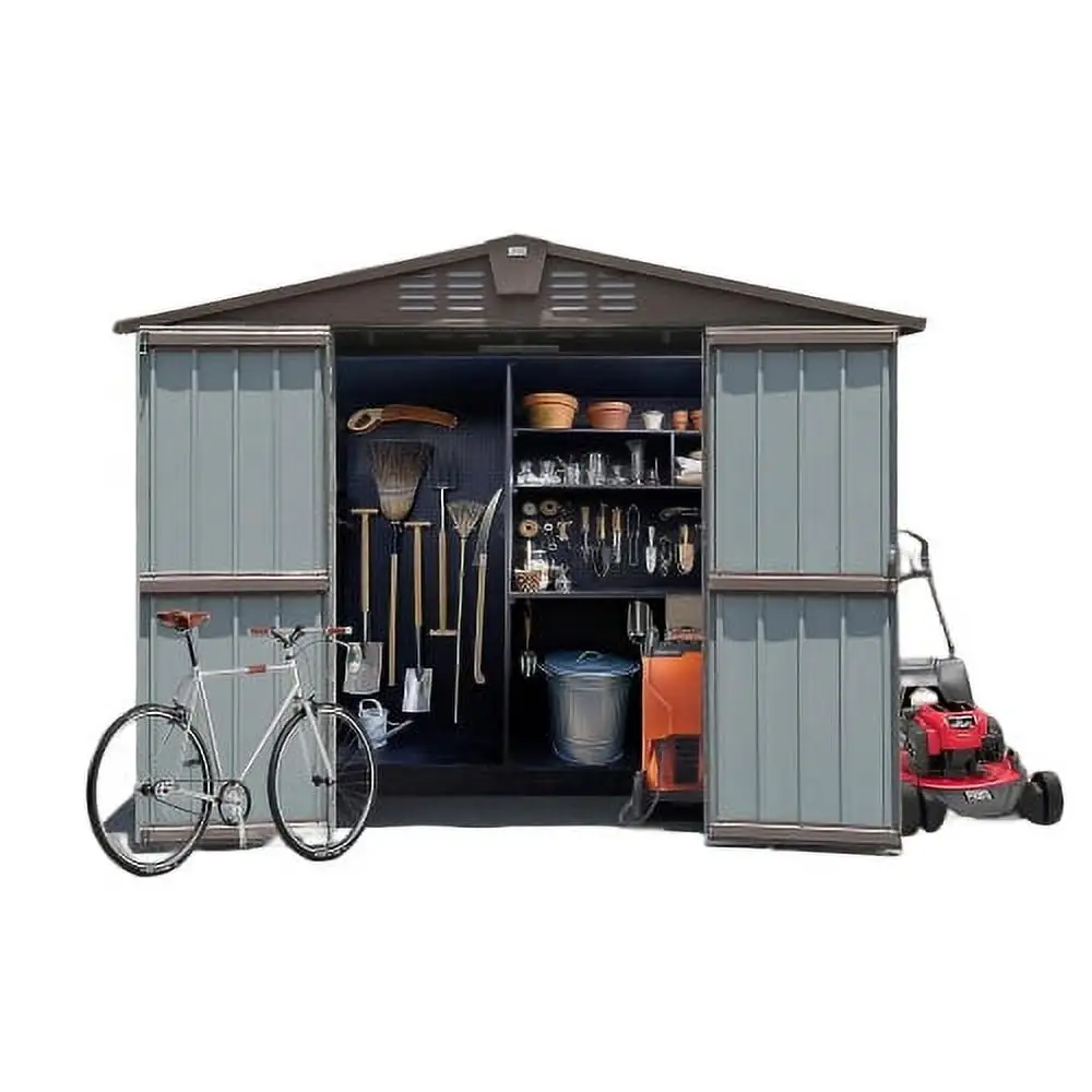 Buumin Outdoor Storage Shed 8.2' x 6.2'. Metal Steel Utility Tool Shed Storage House with Double Lockable Doors & Air Vents for Backyard Patio Garden Lawn Brown