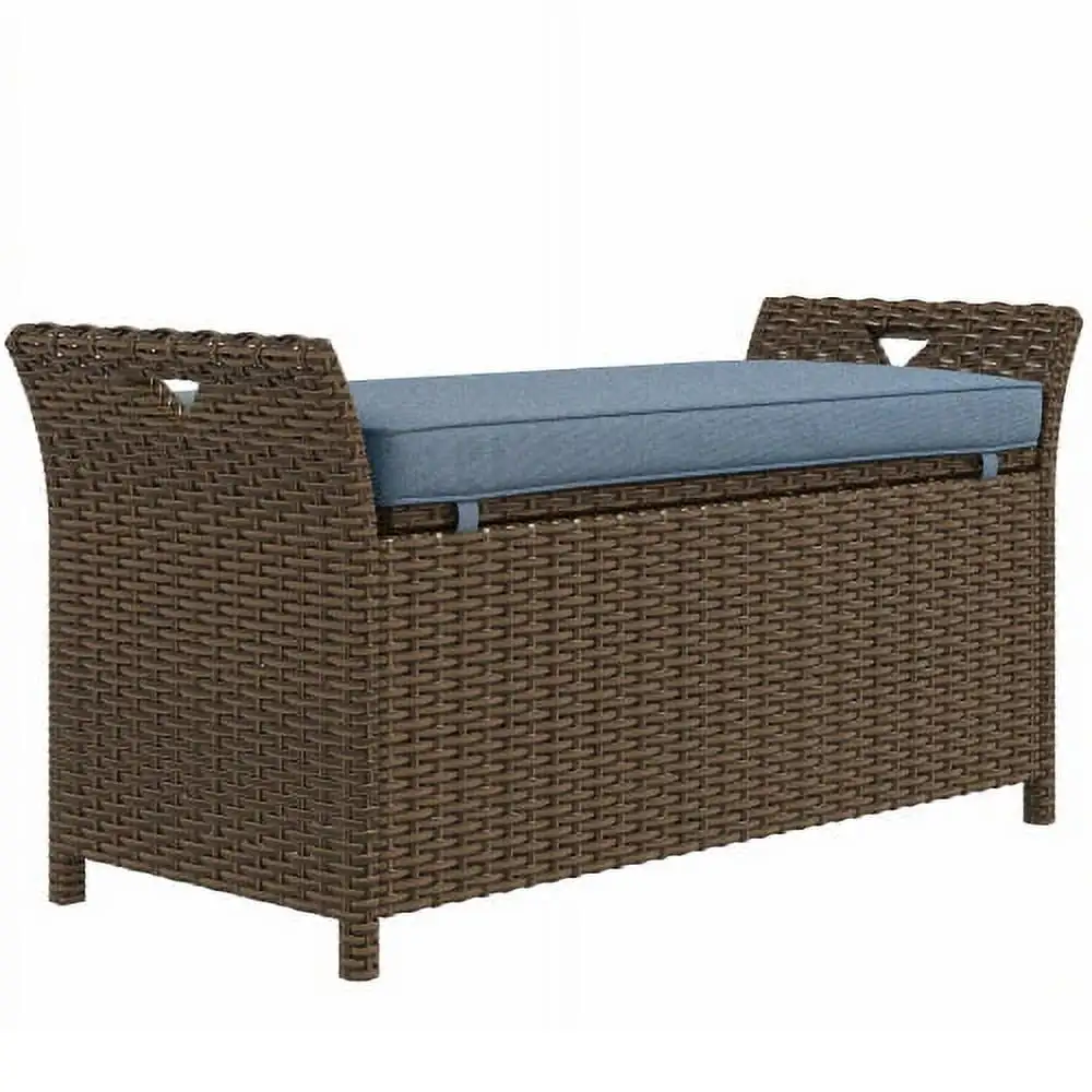 Buumin Outsunny 27 Gallon Patio Wicker Storage Bench. Outdoor PE Rattan Patio Furniture. 2-In-1 Large Capacity Rectangle Garden Storage Box with Handles and Cushion. Dark Blue