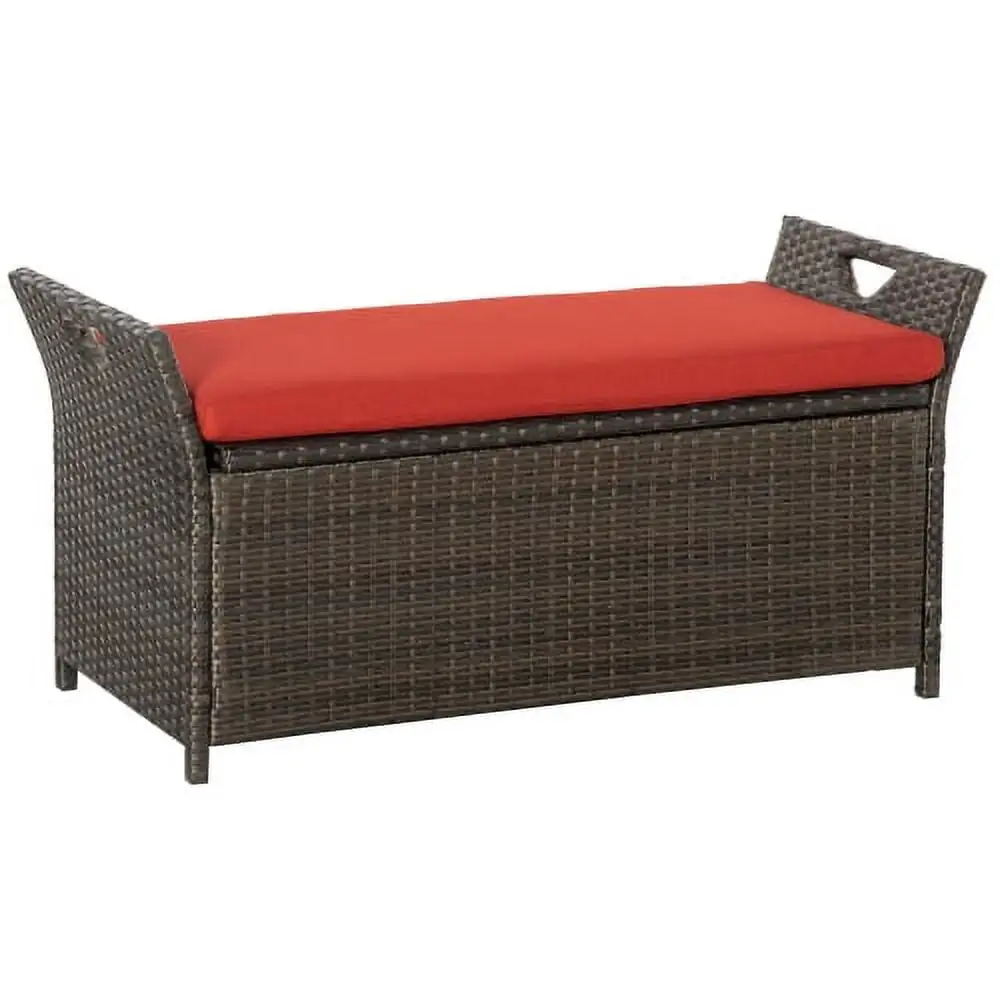 Buumin Outsunny 27 Gallon Patio Wicker Storage Bench. Outdoor PE Rattan Patio Furniture. 2-In-1 Large Capacity Rectangle Garden Storage Box with Handles and Cushion. Red