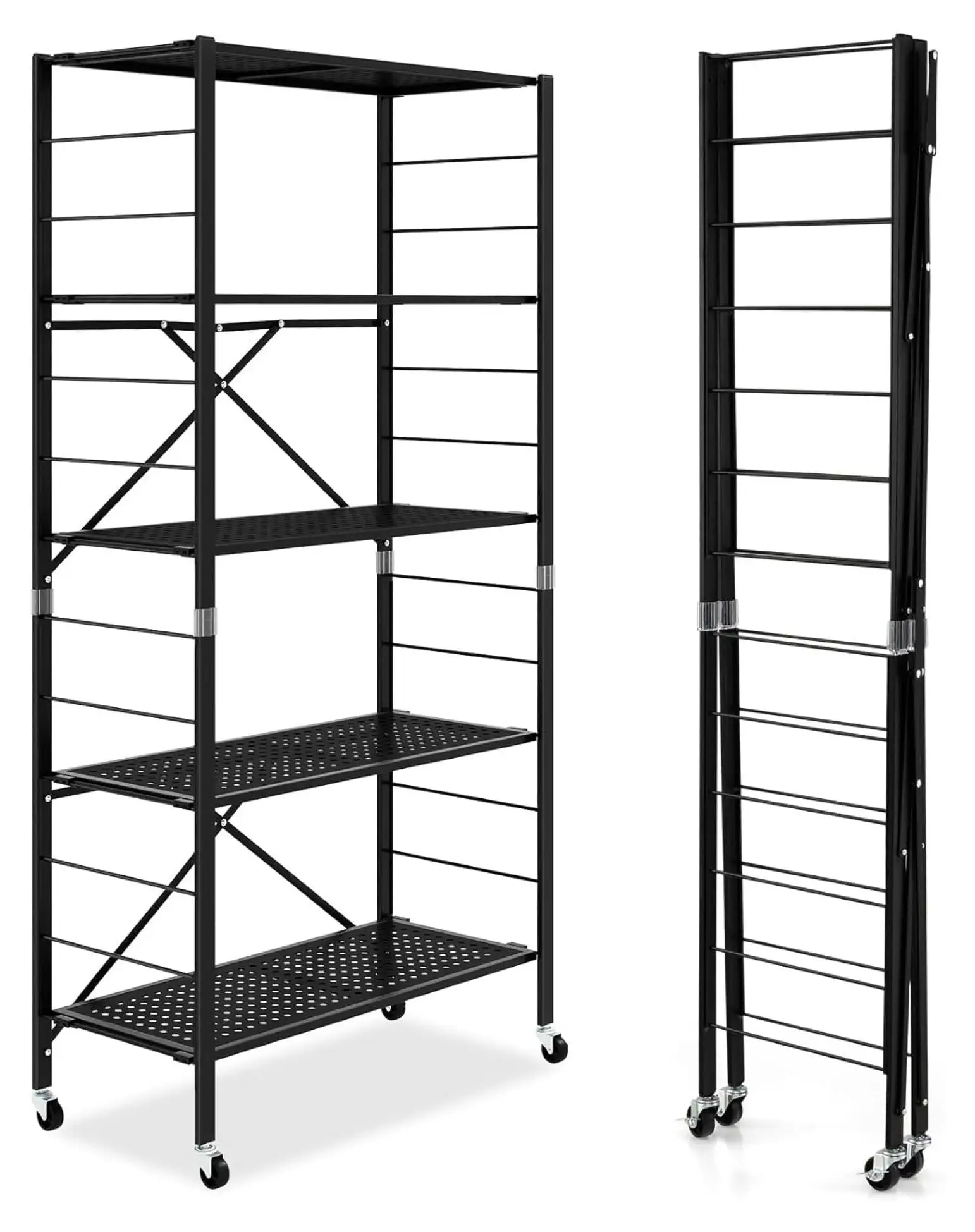 ByEUcuk 5-Tier Folding Storage Shelves with Wheels. 60 Tall Adjustable Metal Shelving Unit. Collapsible Organizer Rack. Freestanding Open Display Shelving Rack for Garage. Kitchen. Easy Assembly