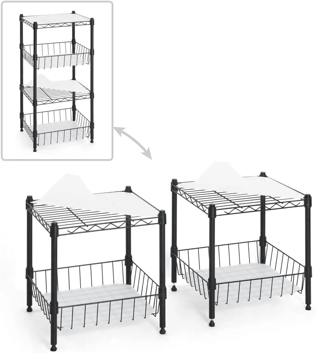 CAPHAUS NSF Adjustable 2 to 4 Tier Stackable Wire Shelving Unit w/ Basket & Liner. Storage Corner Shelves. Metal Storage Rack for Kitchen. Bathroom. Laundry Closet. Wire Shelving Basket Shelves Black