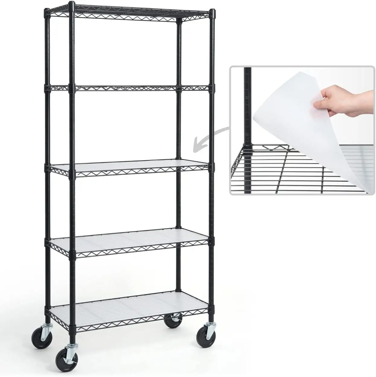 CAPHAUS NSF Commercial Grade Heavy Duty Wire Shelving w/ Wheels. Leveling Feet & Liners. Storage Metal Shelf. Garage Shelving Storage. Utility Wire Rack Storage Shelves. w/ Liner. 30 x 14 x 64 5-Tier