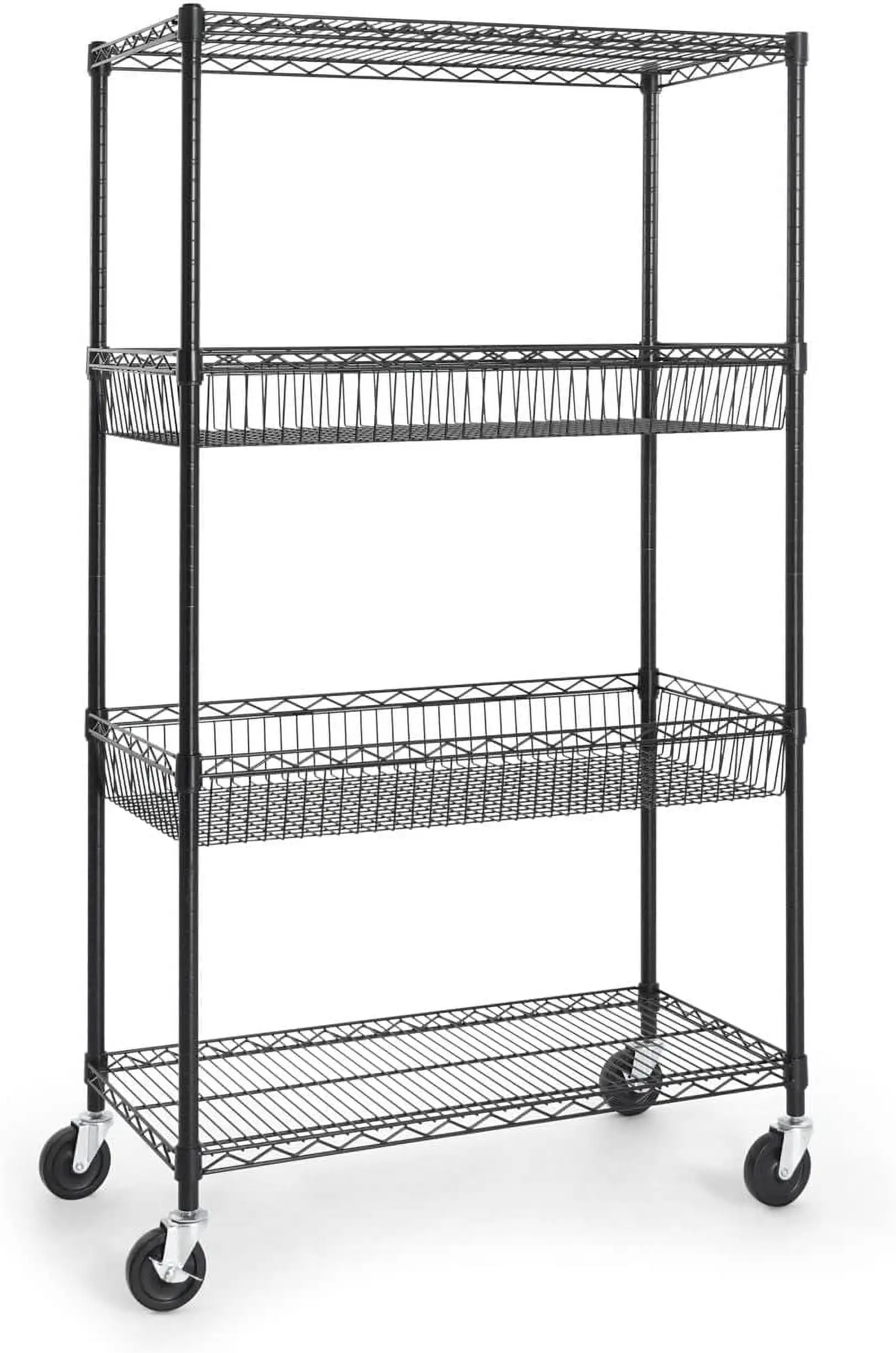 CAPHAUS NSF Commercial Heavy Duty 4 Tier Wire Shelving w/ Two Rectangle Baskets. Wheels. Leveling Feet. Storage Metal Shelf. Basement Garage Shelving Storage. Utility Wire Rack Storage Shelving Black