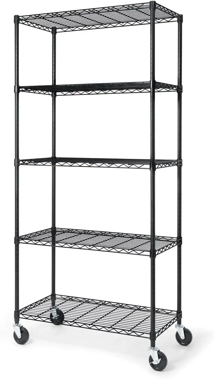 CAPHAUS NSF Heavy Duty Commercial Adjustable Wire Shelving w/ Wheels & Leveling Feet. Kitchen Storage Metal Shelf. Garage Storage Shelving. Utility Wire Rack Storage Unit. Black 36 x 18 x 76 5-Tier