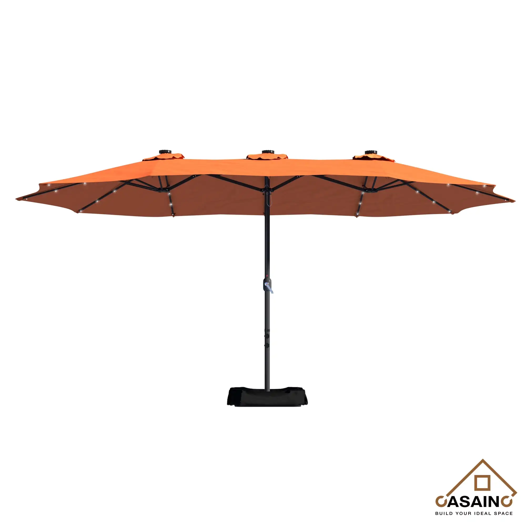 CASAINC 15 ft. Steel Patio Double-Side Market Umbrella with Base and Solar Light with Base in Orange