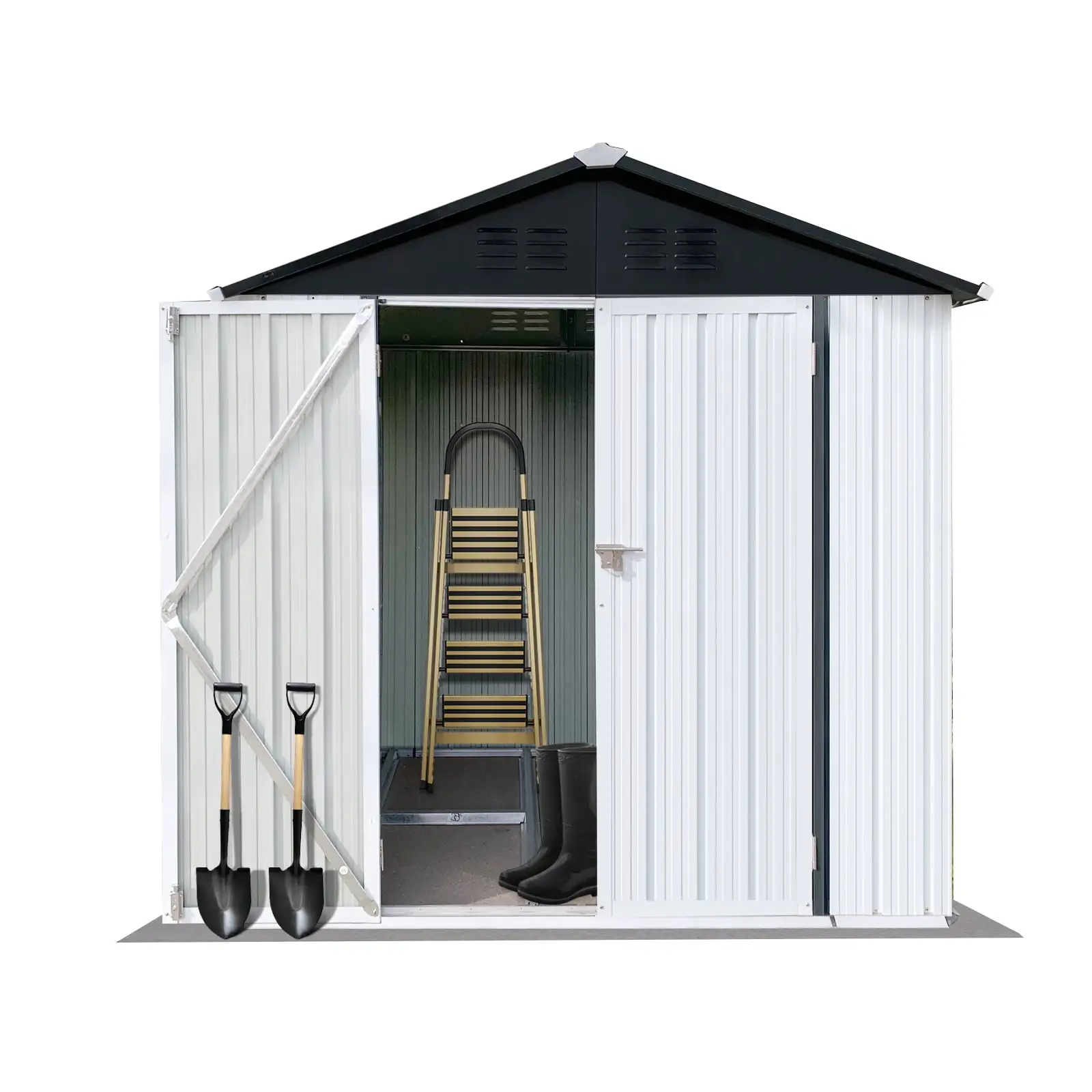 CCBEKIIM Storage Shed with Floor Frame. 6'x4' Metal Outdoor Storage Shed for Backyard and Patio. Metal Shed for Tool. Bike and Garden Storage (White and Black)