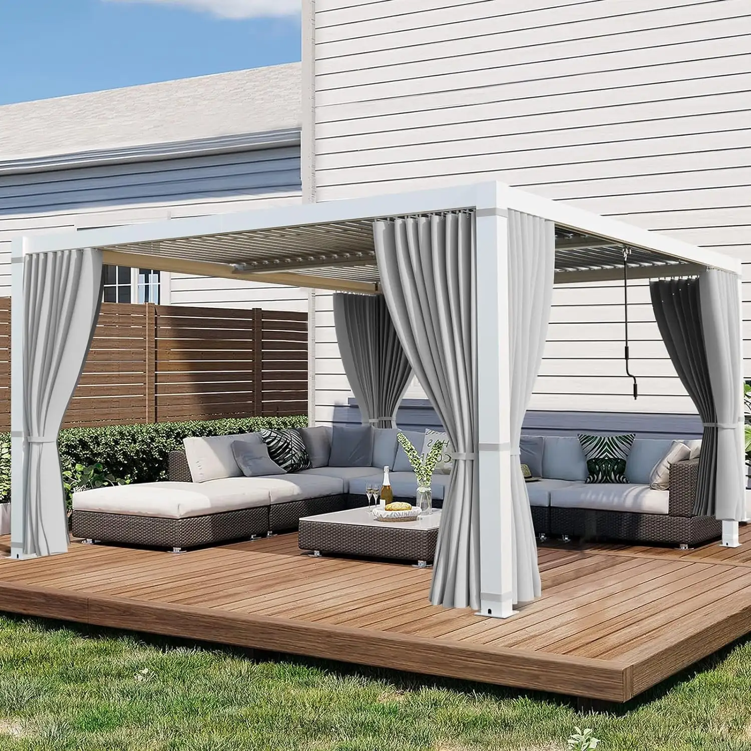 CDCASA 10x13' Outdoor Louvered Pergola with Adjustable Rainproof Roof. Sun Shade Aluminum Gazebo for Patio. Backyard. Lawn. Garden. Curtains and Netting Included. White