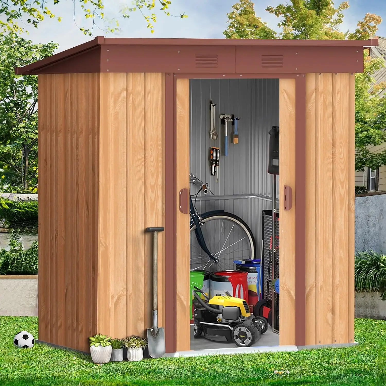 CDCASA 5.3x3.2FT Outdoor Storage Shed.Metal Garden Shed for Backyard.Patio. Lawn with 2 Easy Sliding Doors.Outdoor Shed for Bike.Garbage Can.Tool.Lawnmower.Brown