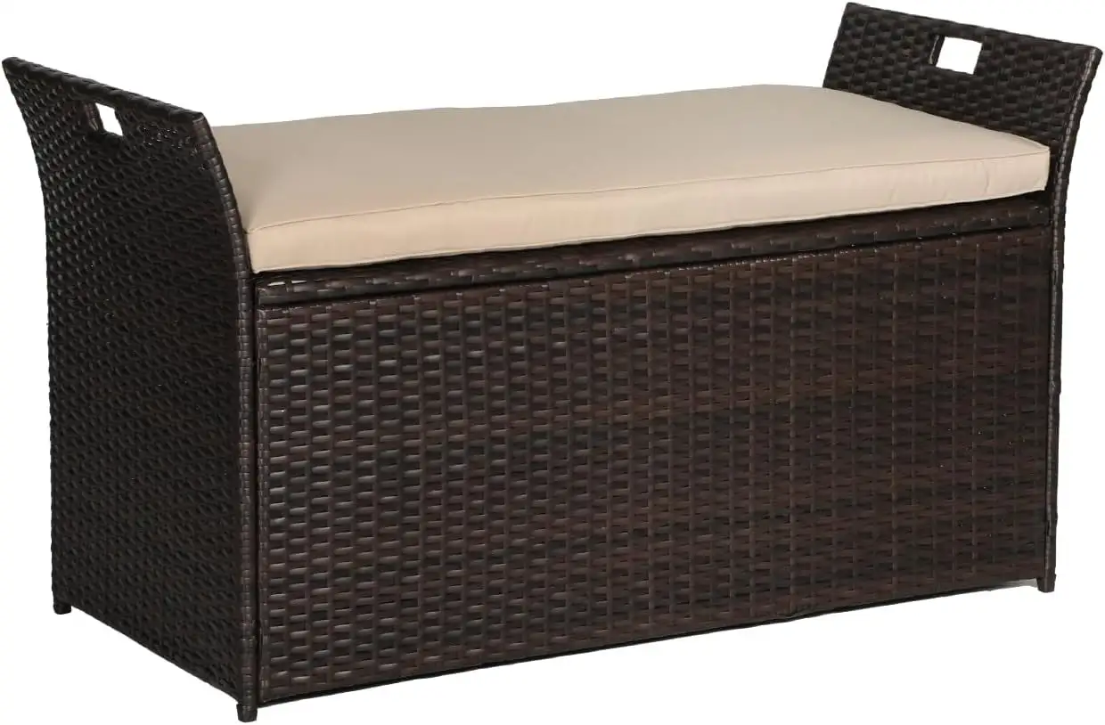 CGFHYP 90 Gallon Patio Rattan Bench w/Cushion Large PE Wicker Deck Box w/Handles & Hydraulics for Patio Cushions Garden Tools Balcony Pool Equipment (Grey)