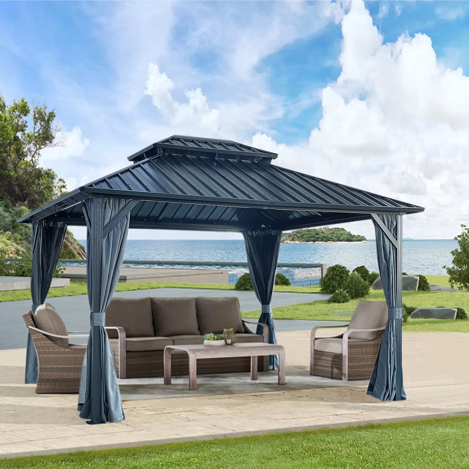 CHIOVICA 10' x 12' Outdoor Hard Top Gazebo: Double Roof Canopy with Netting and Curtains for Patio. Backyard. Deck. Lawn - Airy Design and Durable Aluminum Frame