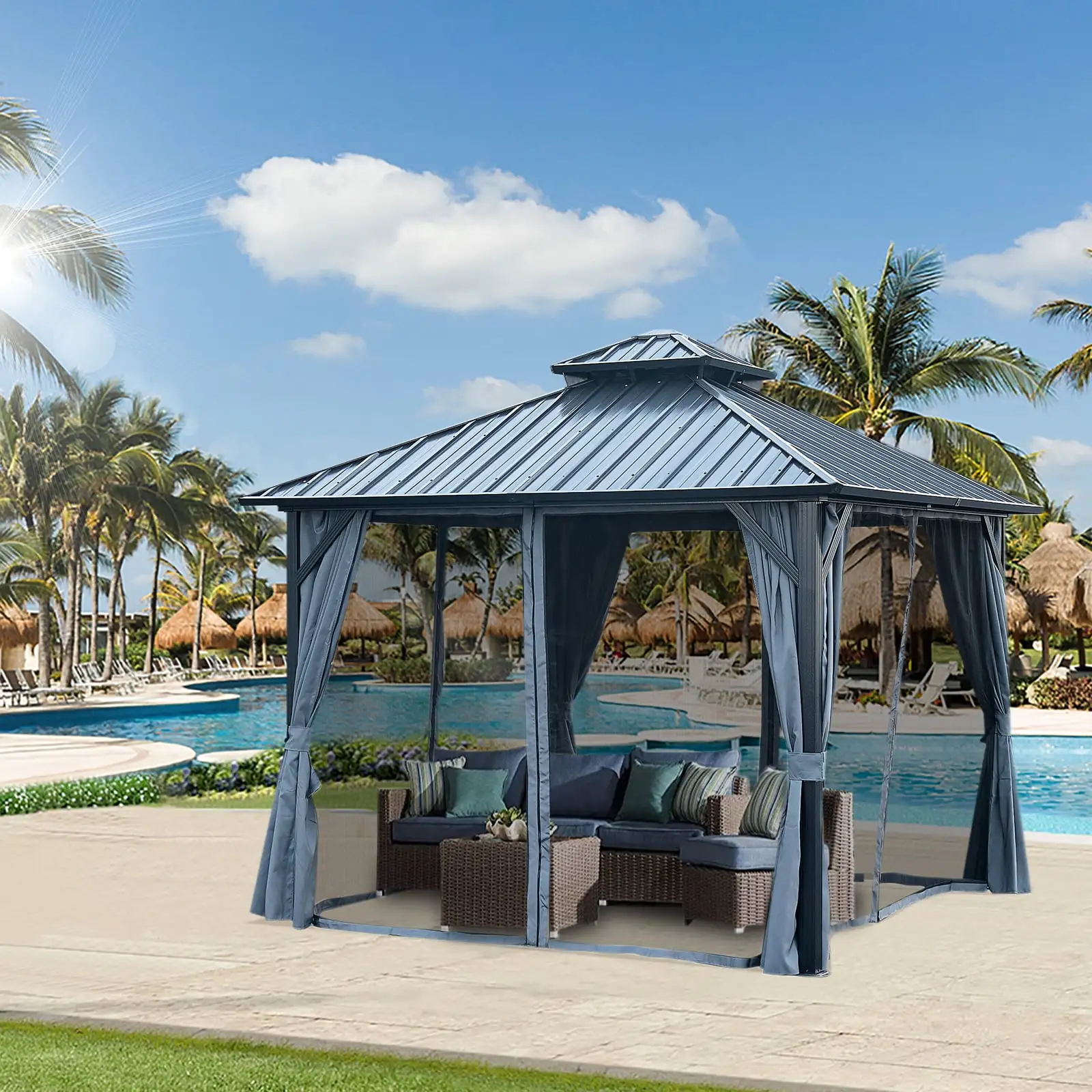 CHIOVICA 10' x 10' Outdoor Hard Top Gazebo: Double Roof Canopy with Netting and Curtains for Patio. Backyard. Deck. Lawn - Airy Design and Durable Aluminum Frame