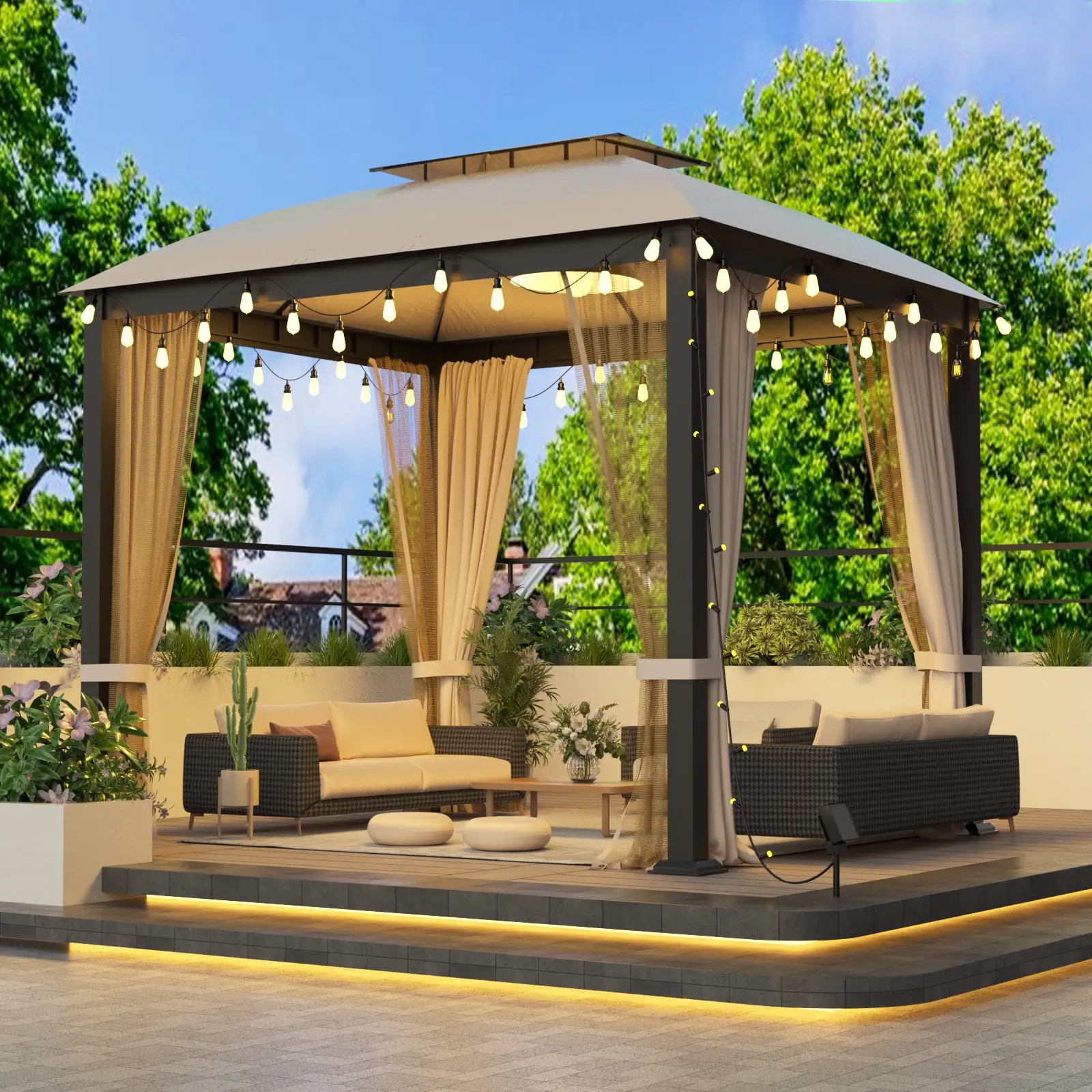 CHIOVICA 10'x10' Metal Gazebo: Double Roof Awning with Mosquito Net and Sunshade for Garden. Patio. Backyard.Beige