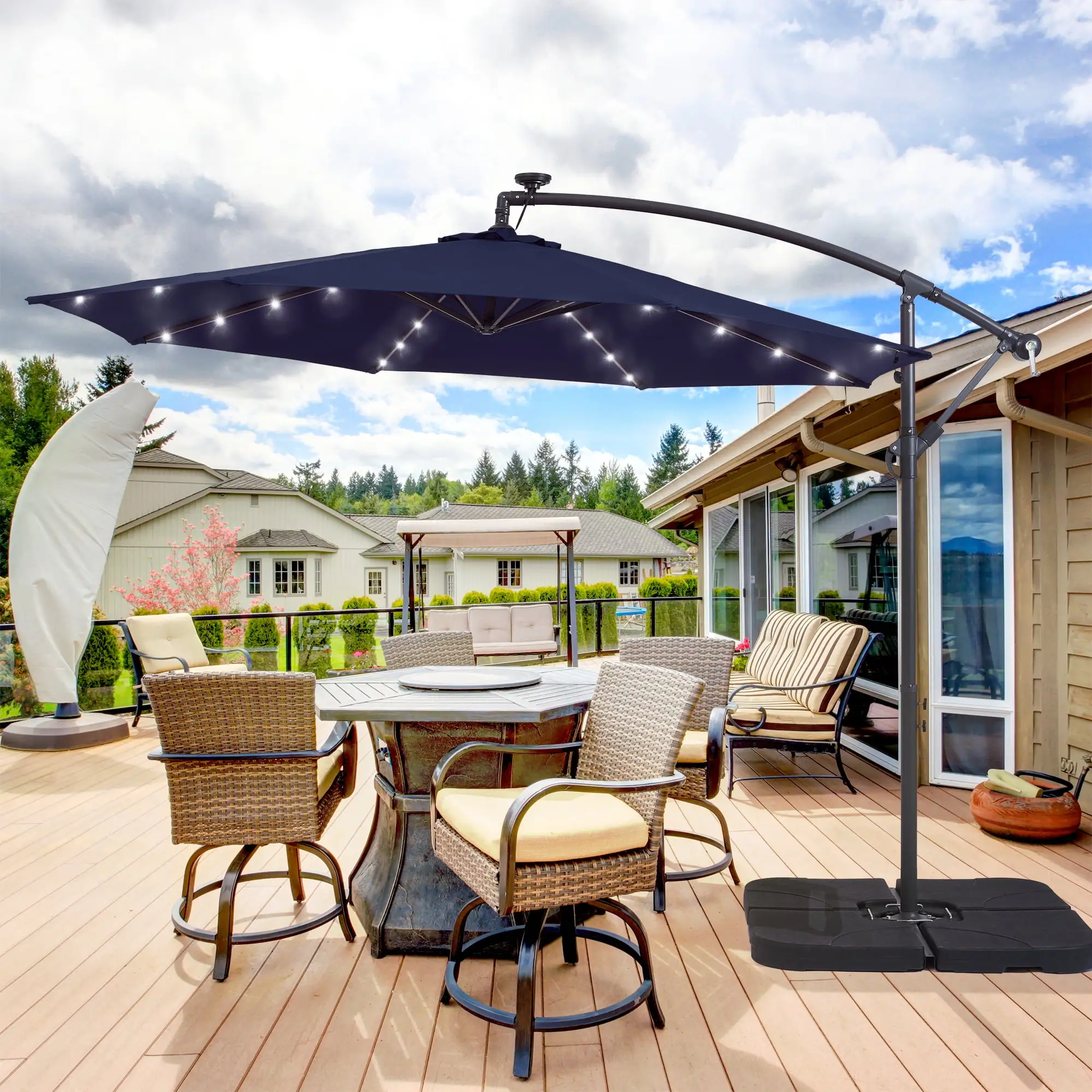 CHYVARY 10ft LED Outdoor Round Offset Umbrella w/ Solar Lights. Patio Cantilever Hanging Umbrella for Deck. Poolside and Garden. Navy Blue