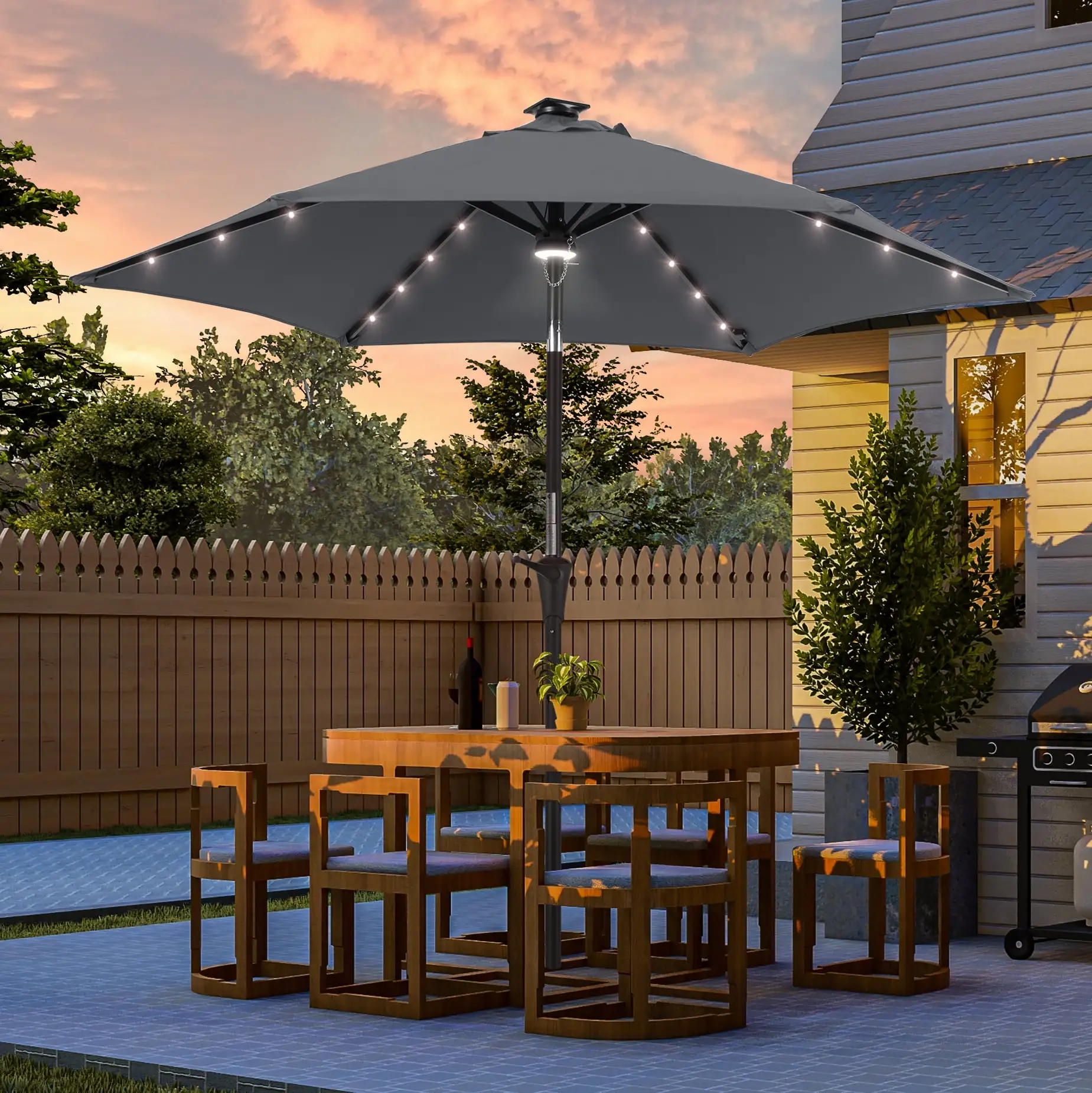 CHYVARY 7.5 FT LED Outdoor Patio Umbrella and Shade Market Table Umbrella Outside With a Crank for Garden. Deck and Pool.Anthracite