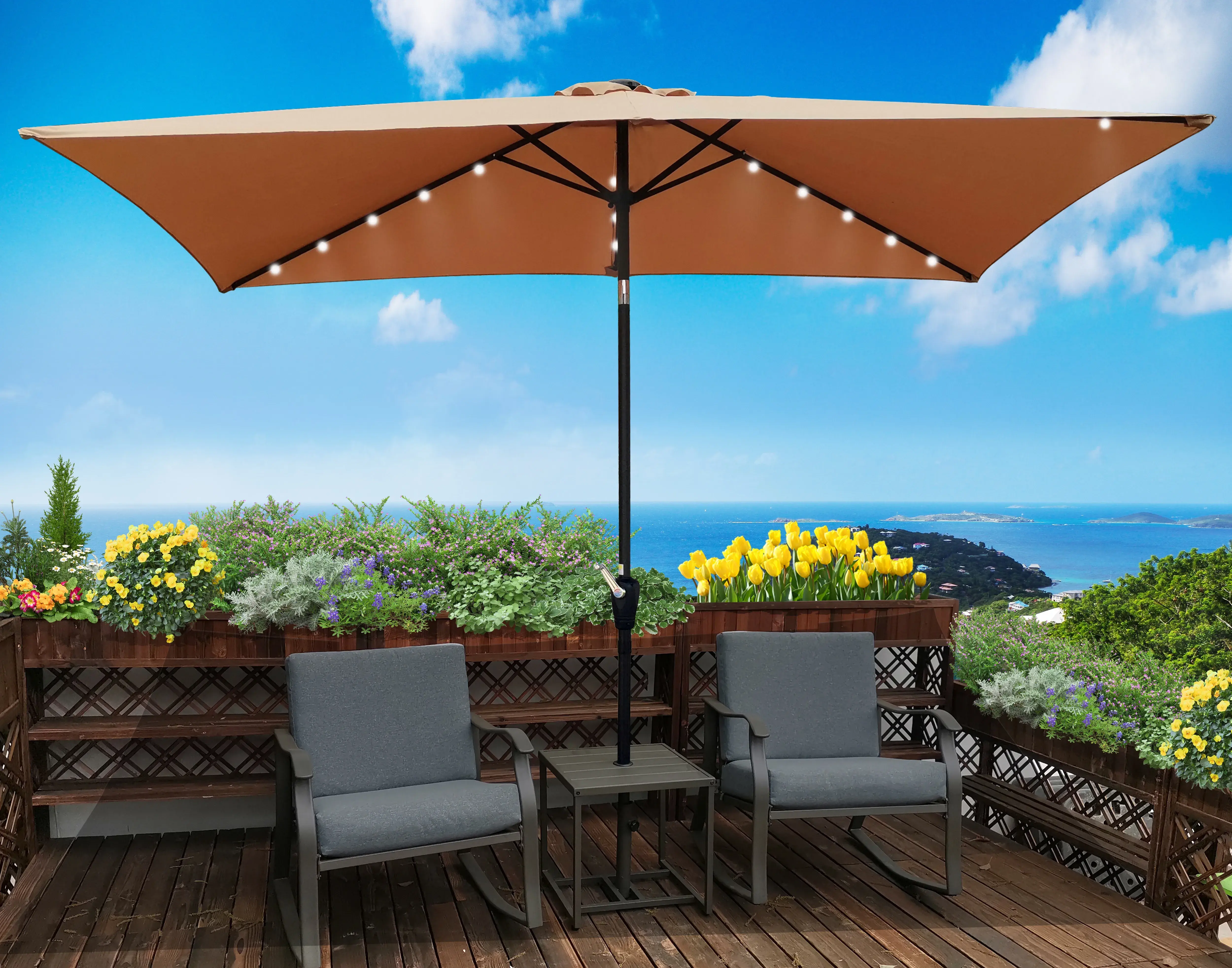 CITYLE 10 x 6.5ft Patio Umbrella. Solar LED Lighted Rectangular Outdoor Table Umbrella Market Umbrella with Crank & Push Button Tilt for Terrace. Backyard. Garden. Courtyard. Pool. Lawn. Brown