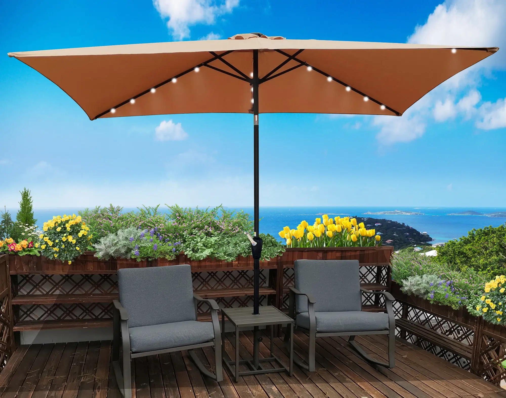 CITYLE Outdoor Table Patio Umbrella. 10 x 6.5t Rectangular Patio Solar LED Lighted. Fade Resistant Waterproof Canopy Outdoor Umbrellas with Crank and Push Button Tilt for Garden Backyard. Brown