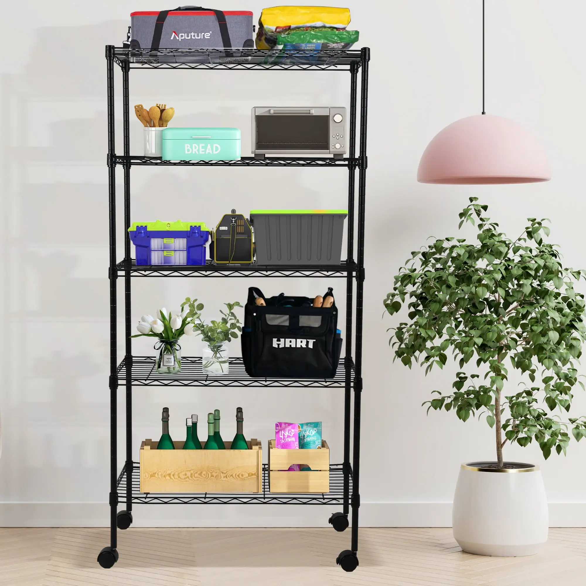 CL.HPAHKL Storage Shelves Adjustable 5 Tier NSF Metal Shelving Unit. Wire Rack Shelving 1250lbs Capacity Storage Racks and Shelving with Wheels for Closet Kitchen Pantry Garage Basement. Black